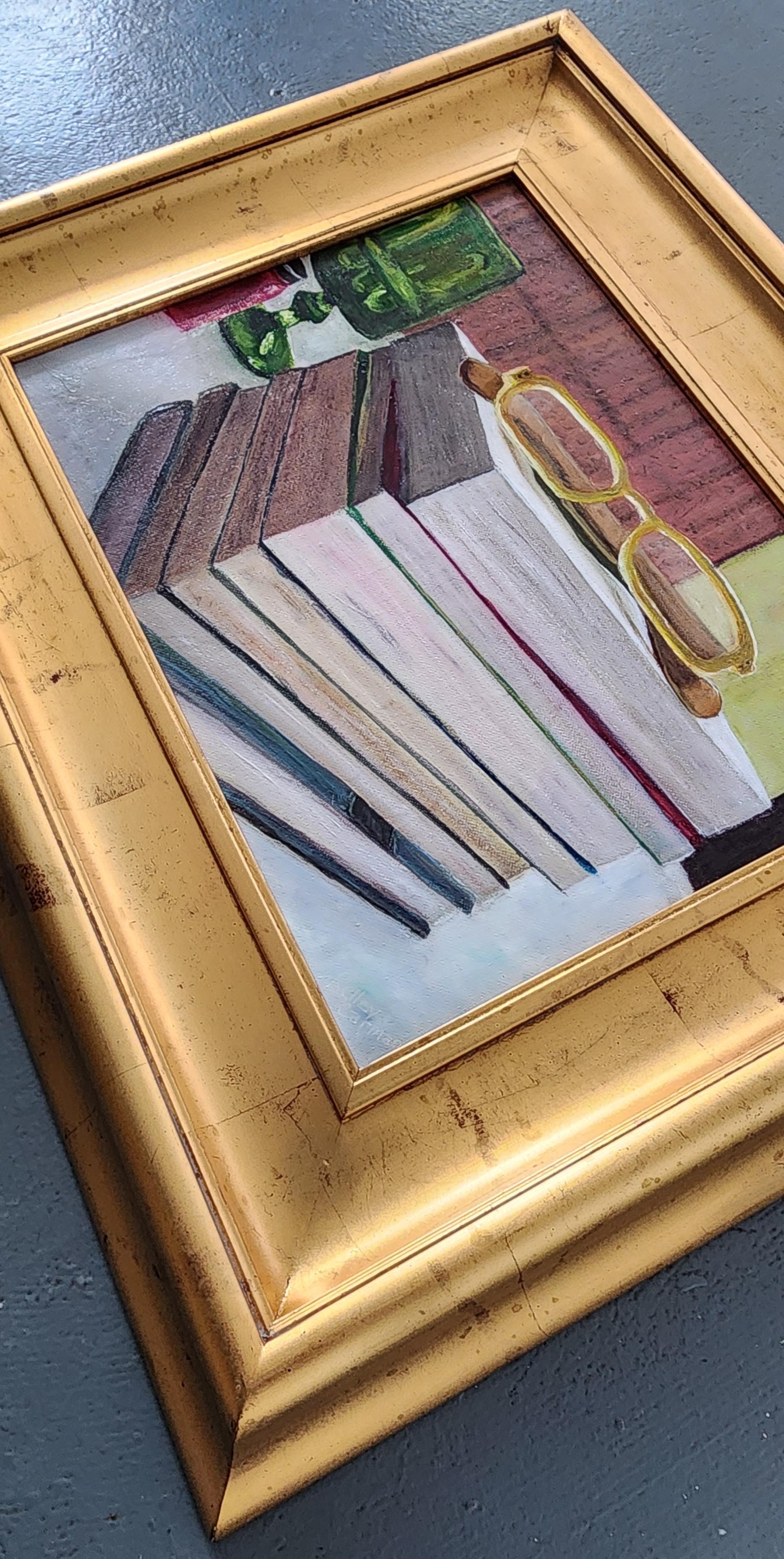 Backlog (Still Life, Books, Reading, Hobby, Warm, ~25% OFF LIST PRICE) - Painting by Kelley Carman