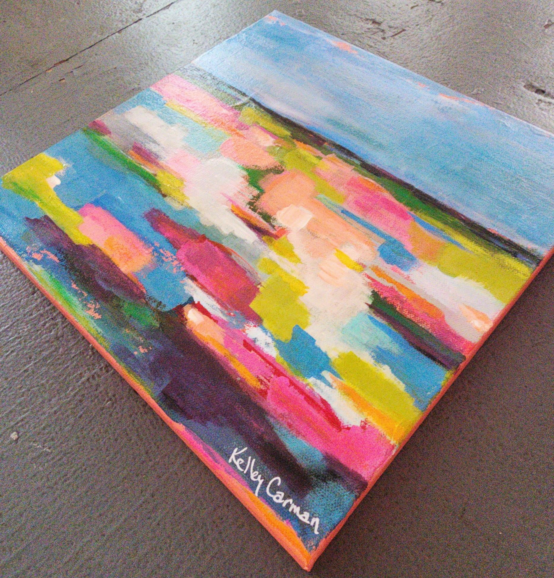 Veränderung der Breitengrade (gestisch abstrakt, farbenfroh, blau, rosa, gelb, grün) – Painting von Kelley Carman