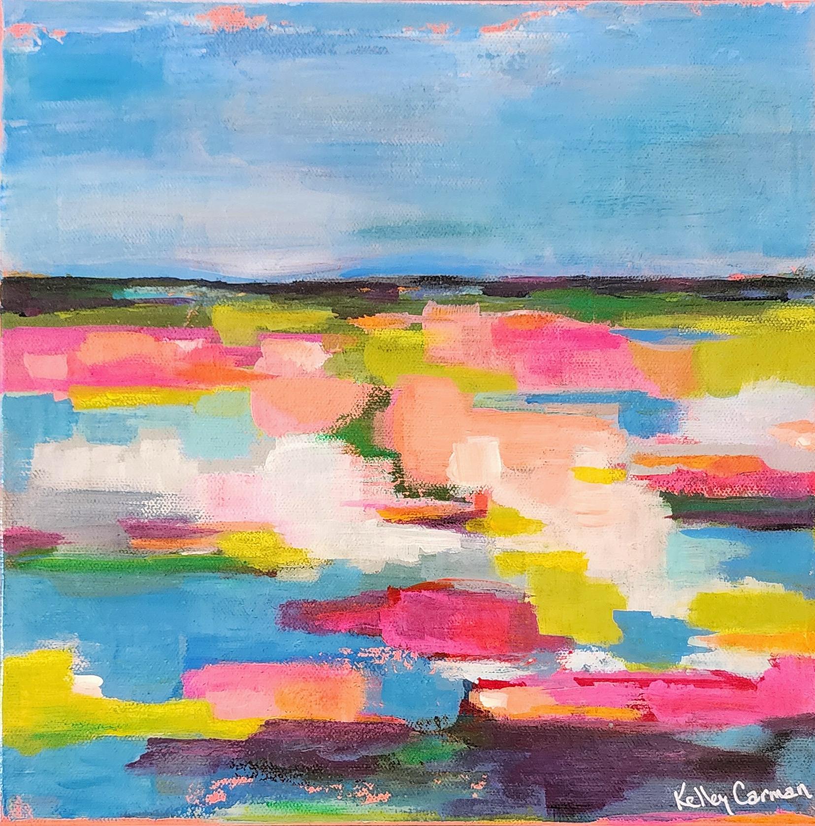 Kelley Carman Landscape Painting – Veränderung der Breitengrade (gestisch abstrakt, farbenfroh, blau, rosa, gelb, grün)