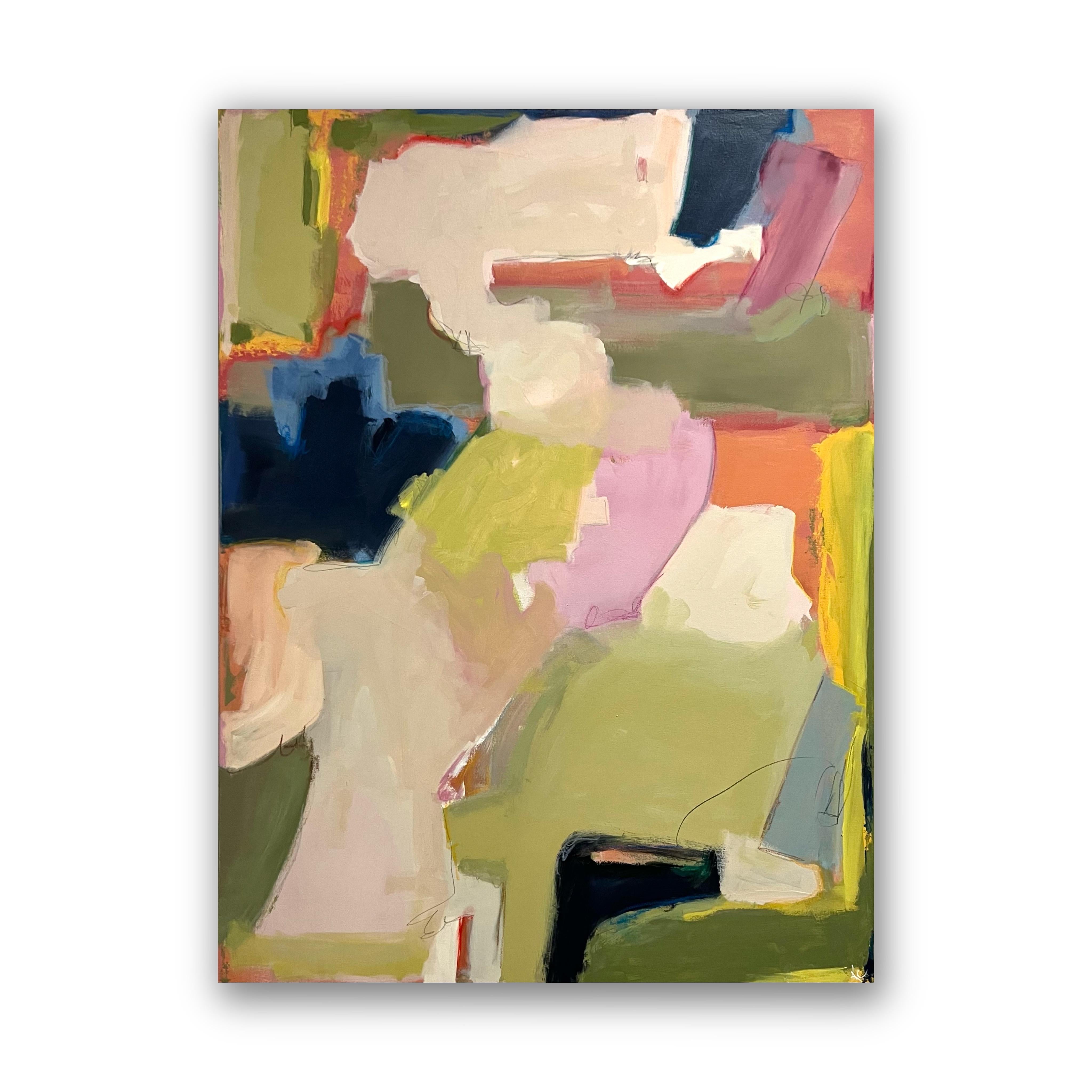 Daily News (Abstrak, gestisch, marineblau, rosa, grün) – Painting von Kelley Carman