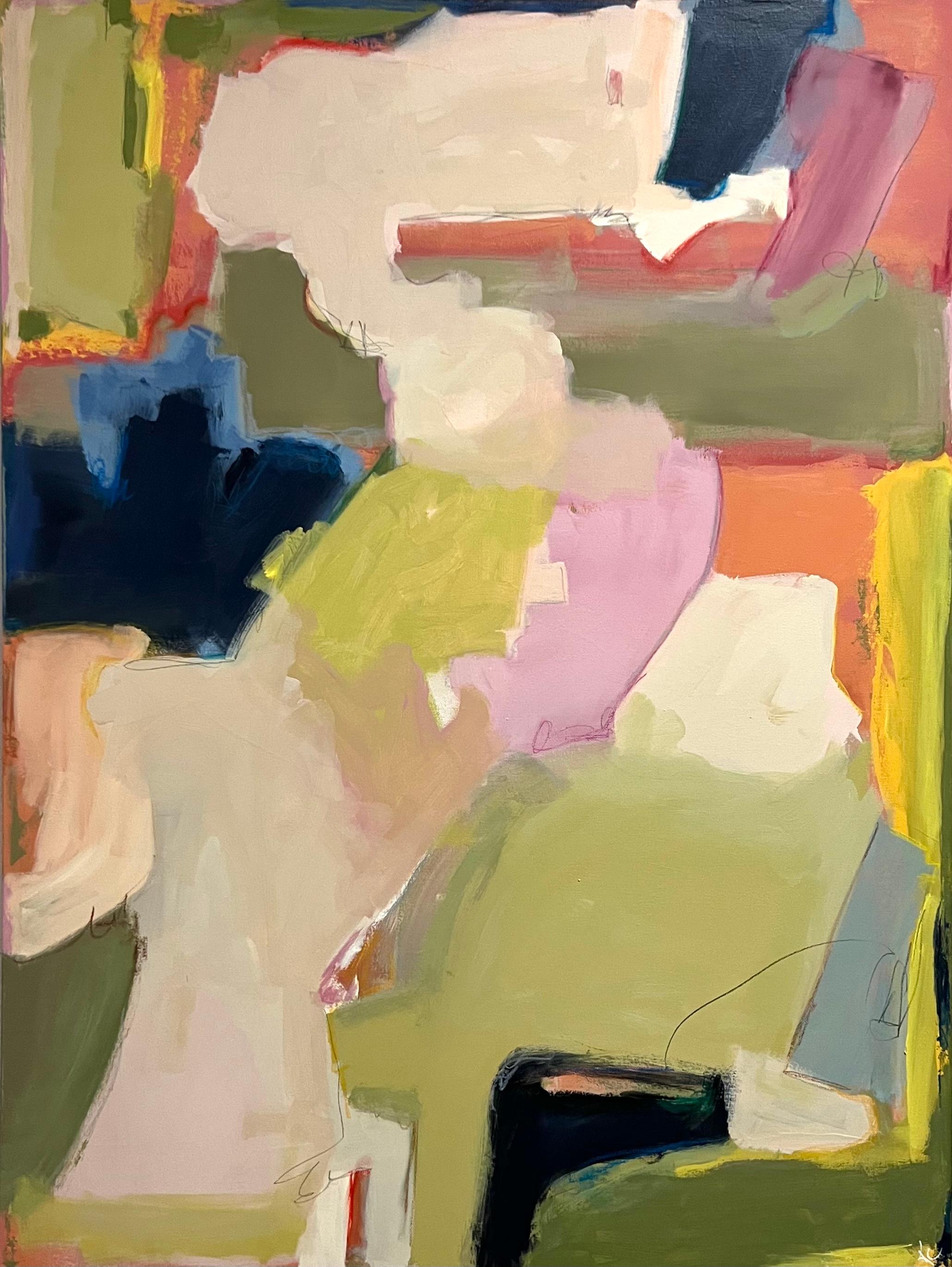 Kelley Carman Abstract Painting – Daily News (Abstrak, gestisch, marineblau, rosa, grün)