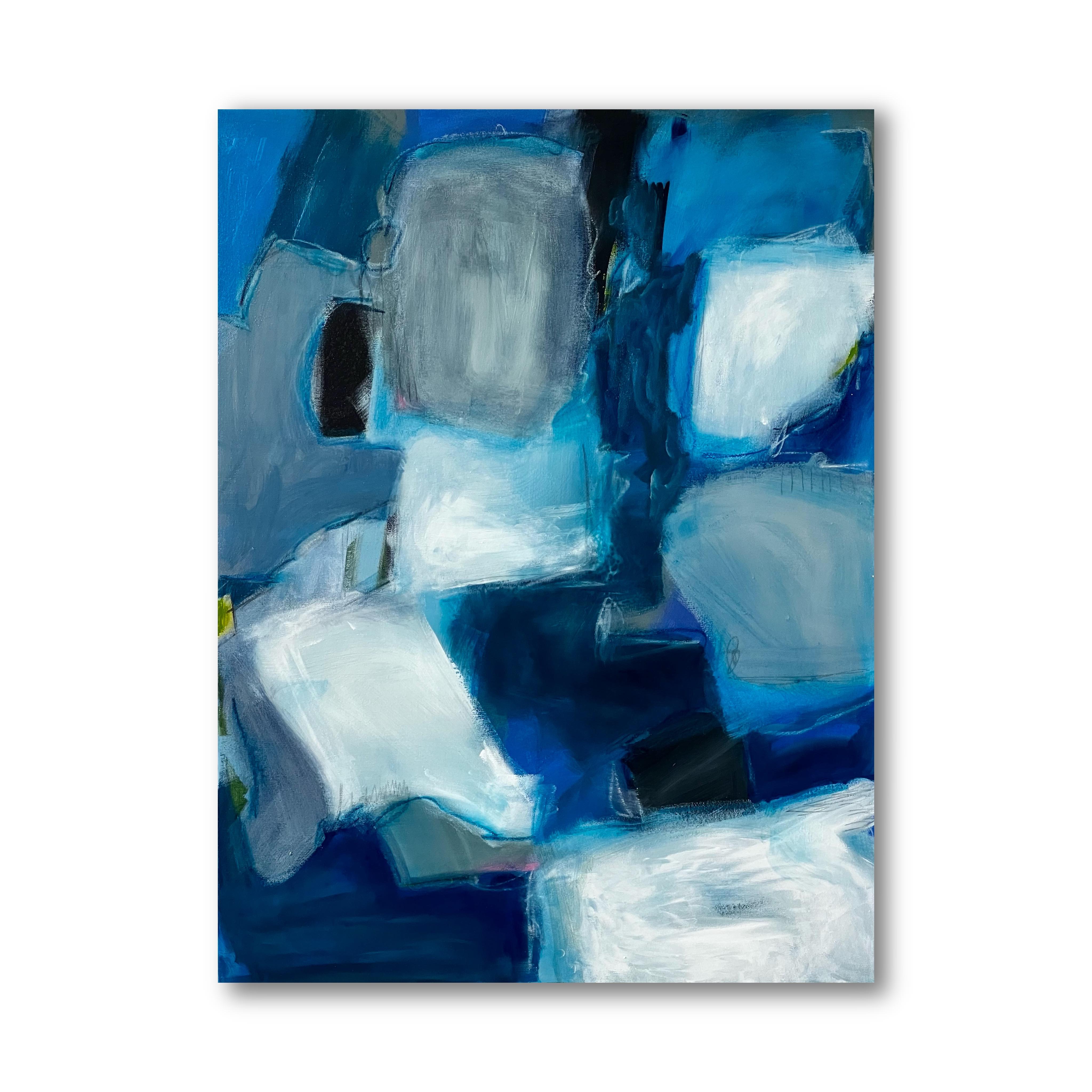 Deep Thoughts (Abstract, Blues, Blue Hues, Light Blue, Navy Blue, Glowing) - Painting by Kelley Carman