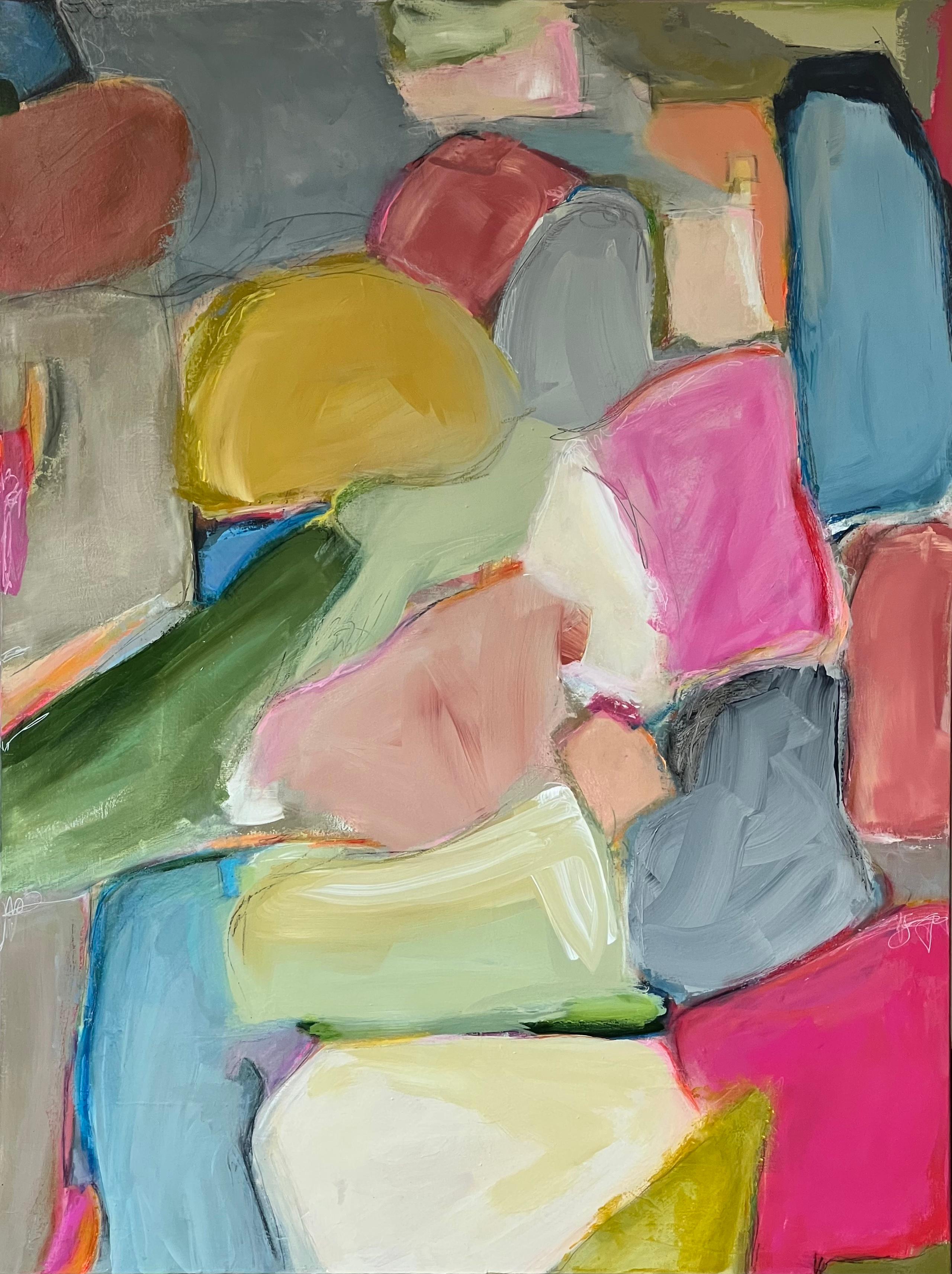 Dreaming About You (Abstract, Blues, Green, Gold, Yellow, Pink) - Painting by Kelley Carman