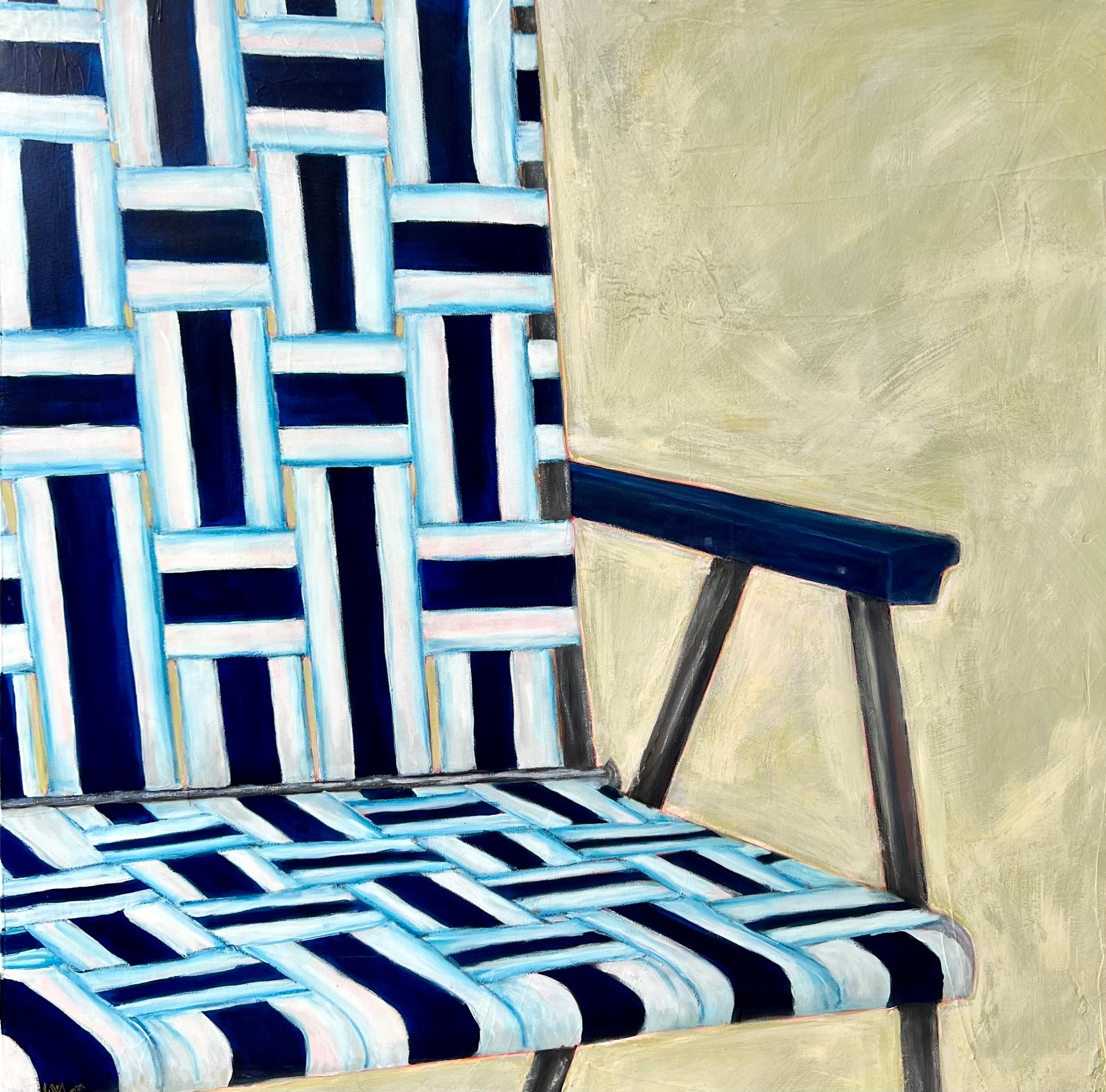 Figurative Painting Kelley Carman - Dreamsicle (motif, mi-siècle moderne, bleu, beige, blanc)
