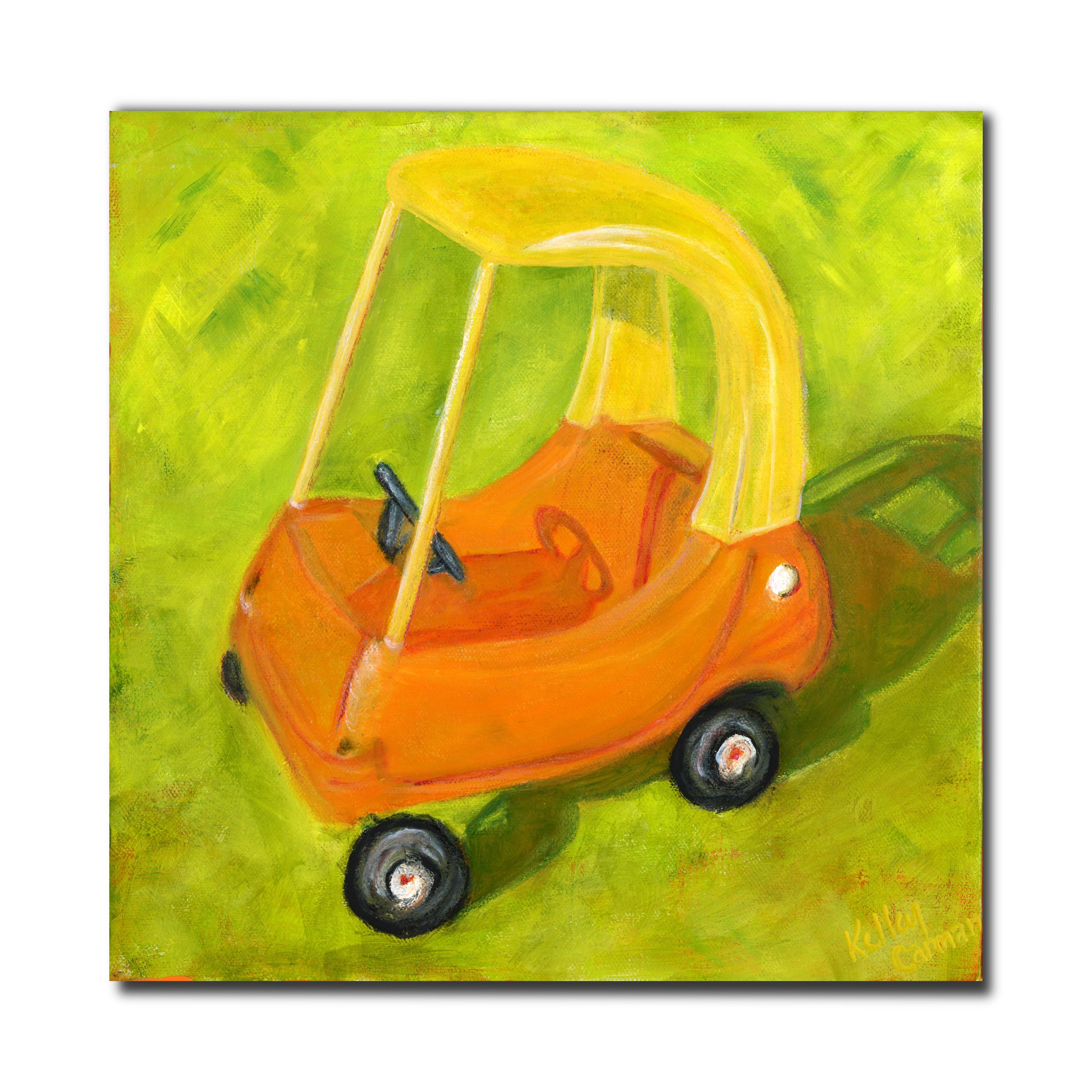 Erstes Auto (Figürlich, Gemütlich, Coupé, Gelb, Orange, Grün, Auto) (Moderne), Painting, von Kelley Carman