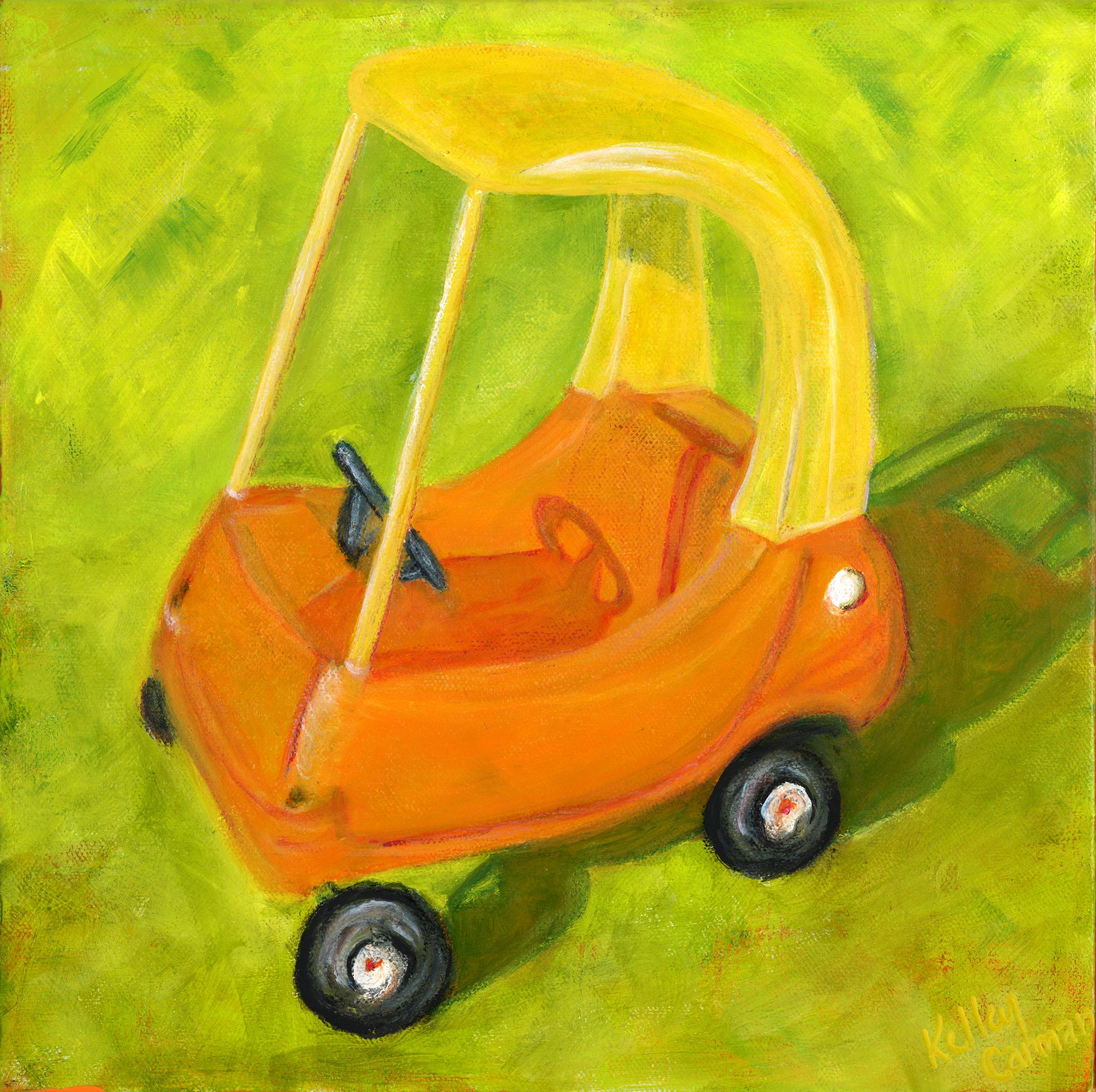 Erstes Auto (Figürlich, Gemütlich, Coupé, Gelb, Orange, Grün, Auto) – Painting von Kelley Carman