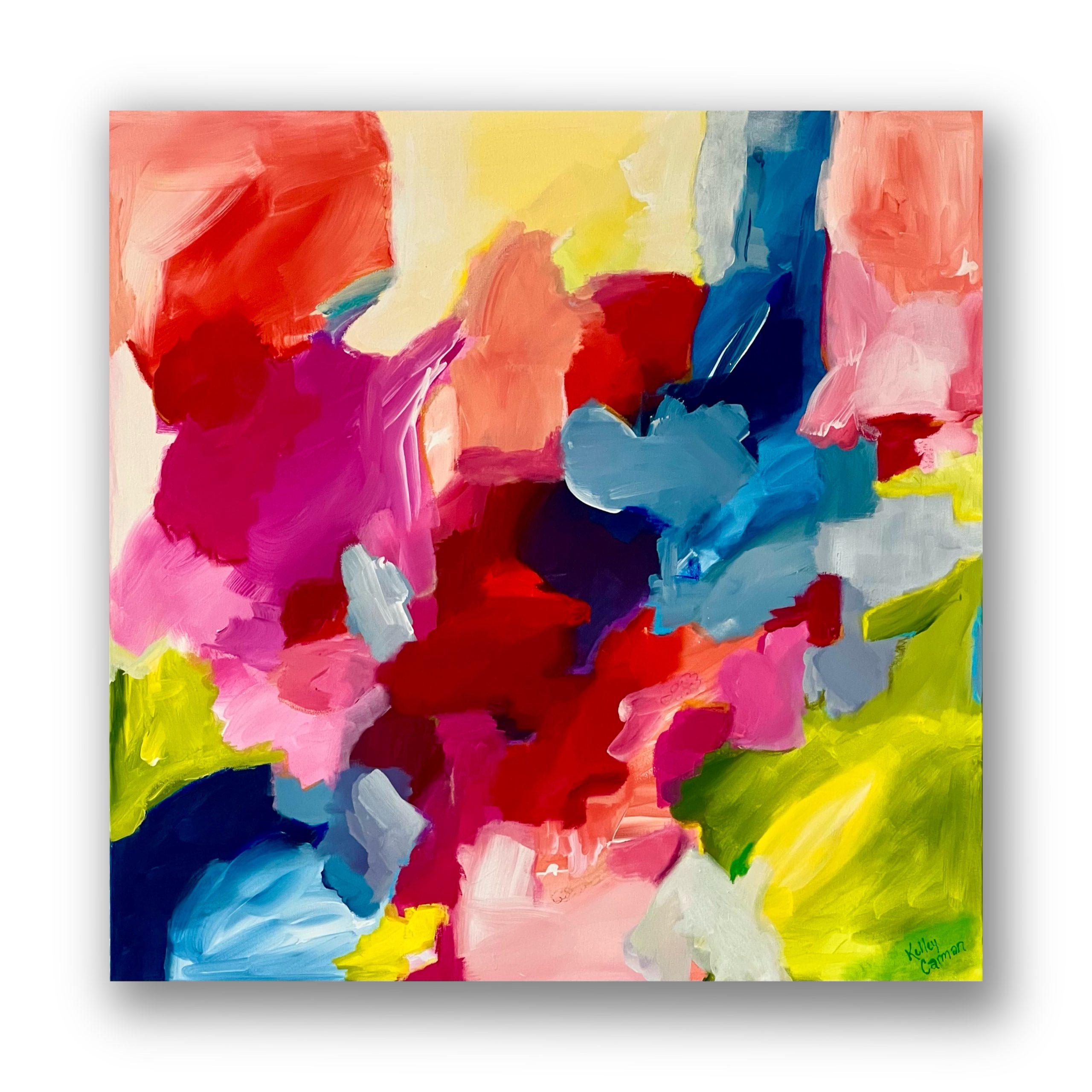First Day of School (Gestural Abstract, Colorful, Pink, Yellow, Blue, Green) - Painting by Kelley Carman