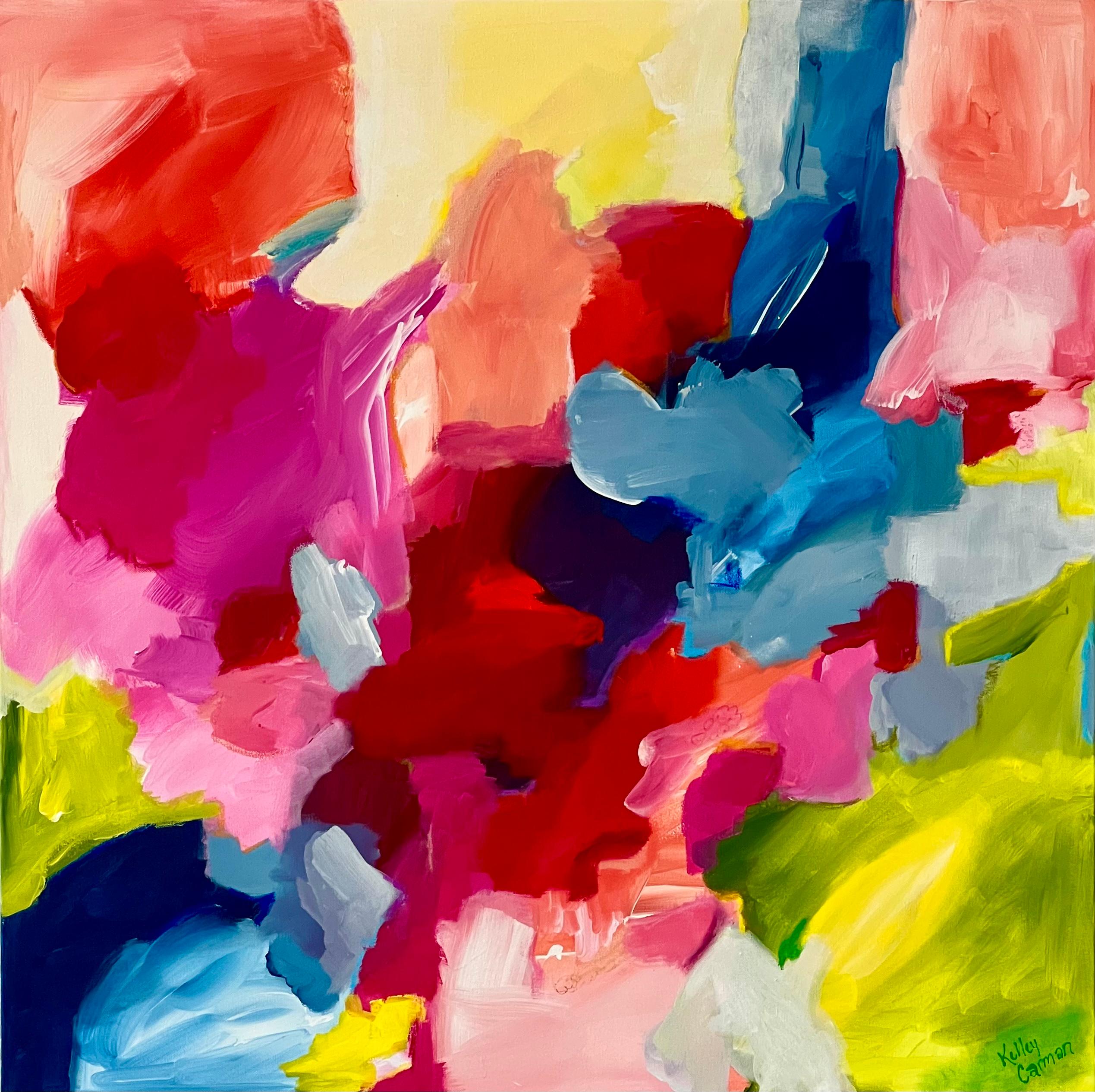 Kelley Carman Abstract Painting – Erster Schultag (Gestische Abstraktion, Bunt, Rosa, Gelb, Blau, Grün)