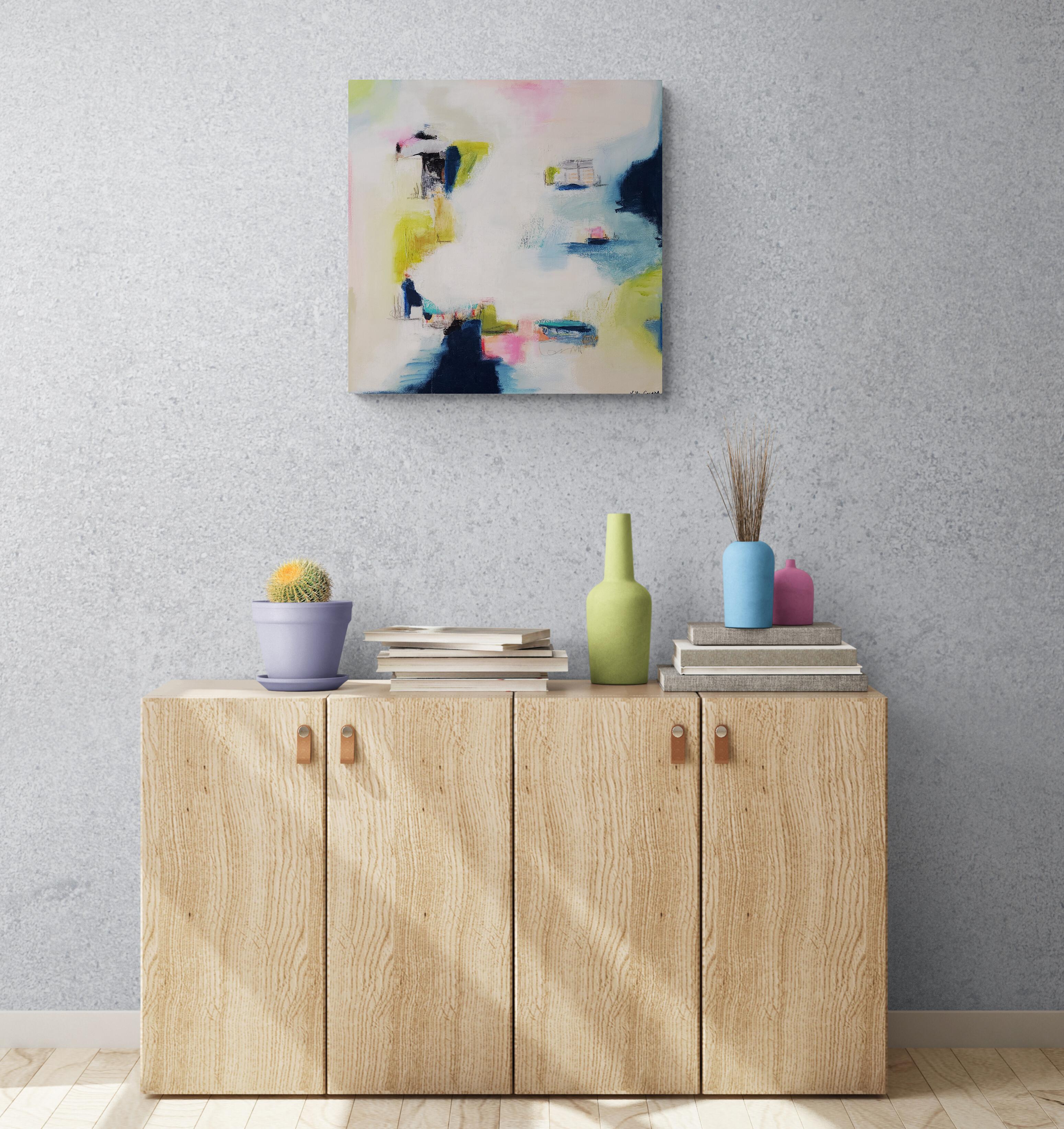 Goodbyes Gestische abstrakte Abstraktion, lebhaft, pastell, dunkelblau, hellblau, rosa, grün – Painting von Kelley Carman