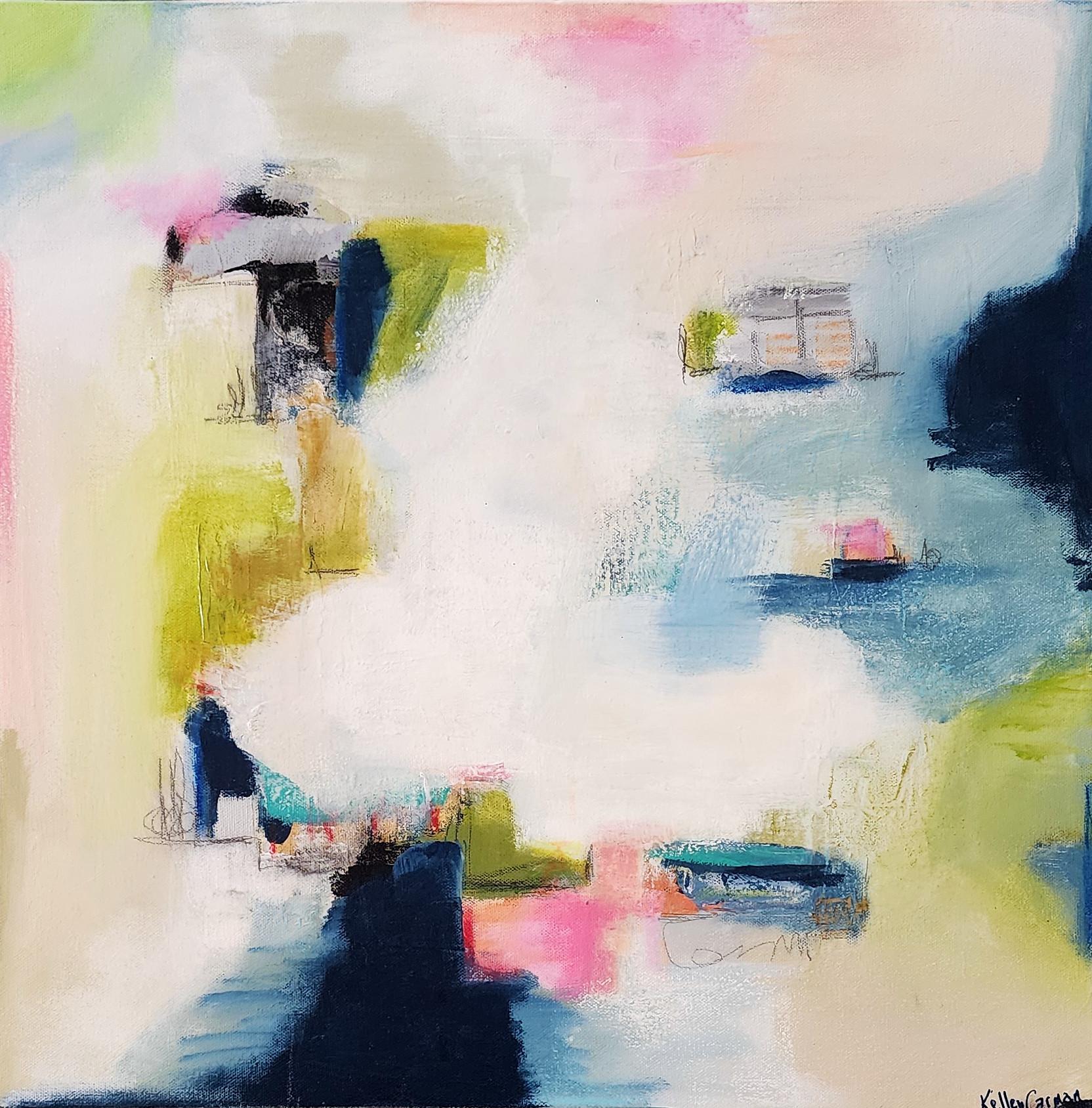 Kelley Carman Abstract Painting - Goodbyes Gestural Abstract, Vibrant, Pastel, Dark Blue, Light Blue, Pink, Green