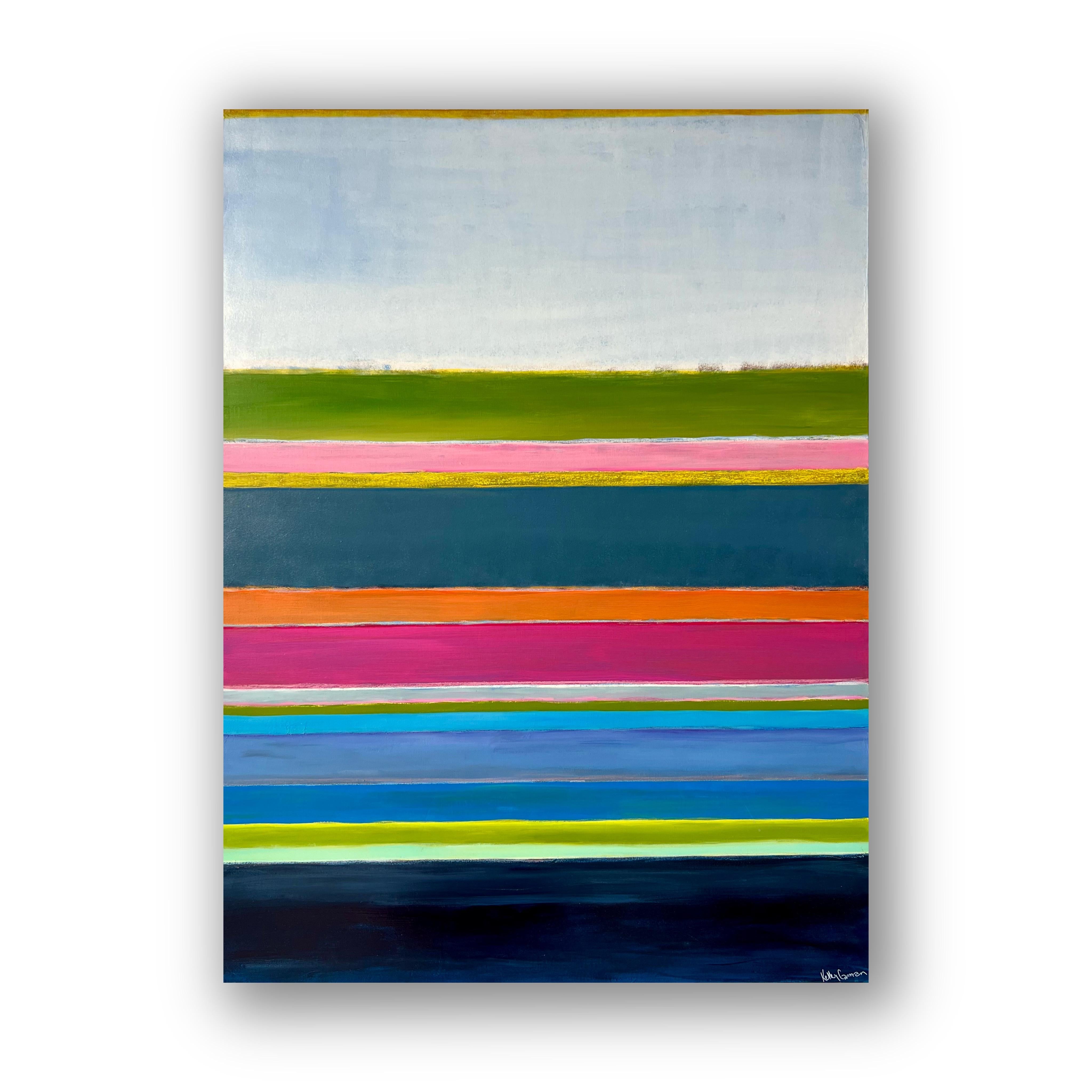 I’ve Earned My Stripes (Abstract, Geometric, Pattern, Blue, Pink, Green) - Painting by Kelley Carman