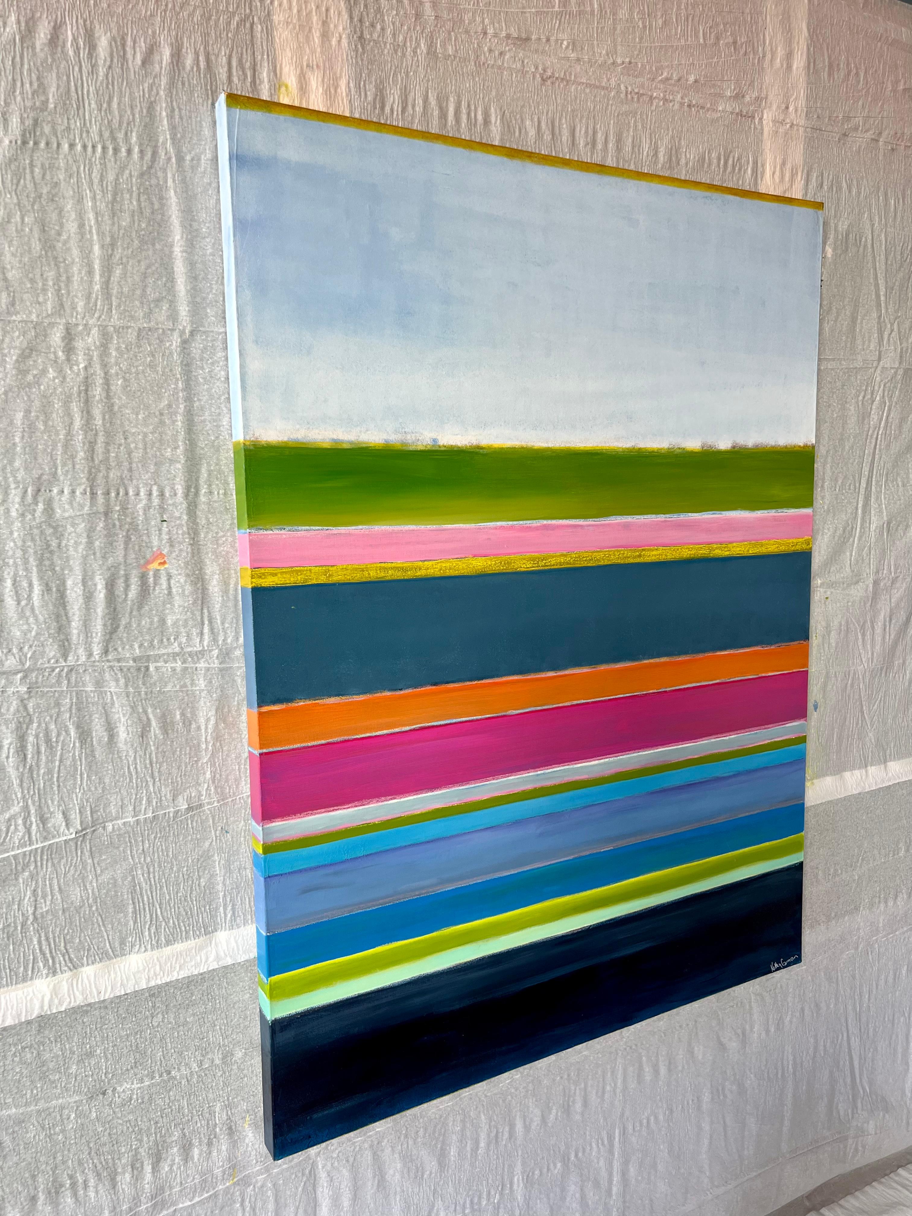I’ve Earned My Stripes (Abstract, Geometric, Pattern, Blue, Pink, Green) - Contemporary Painting by Kelley Carman