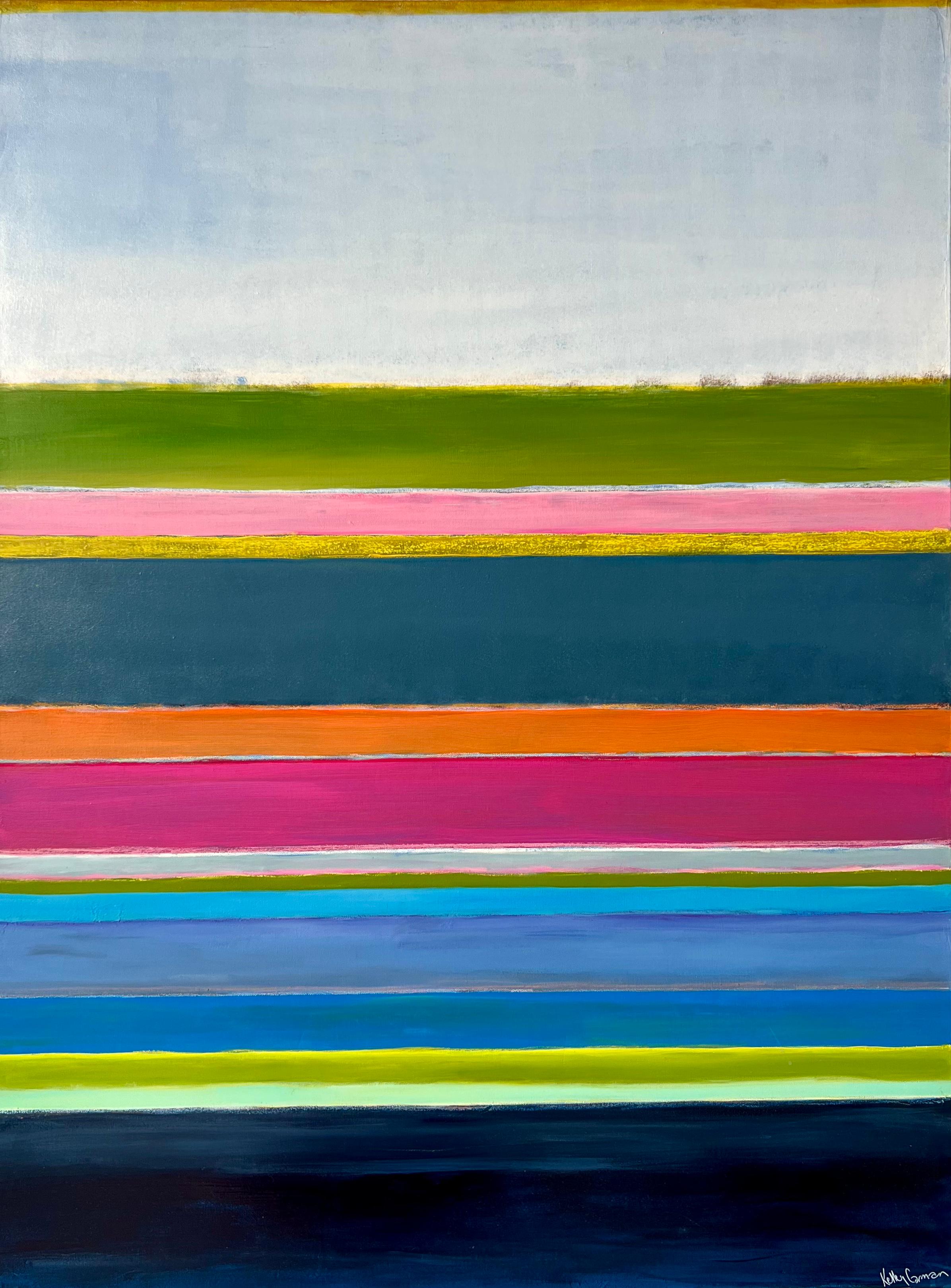 Kelley Carman Abstract Painting - I’ve Earned My Stripes (Abstract, Geometric, Pattern, Blue, Pink, Green)