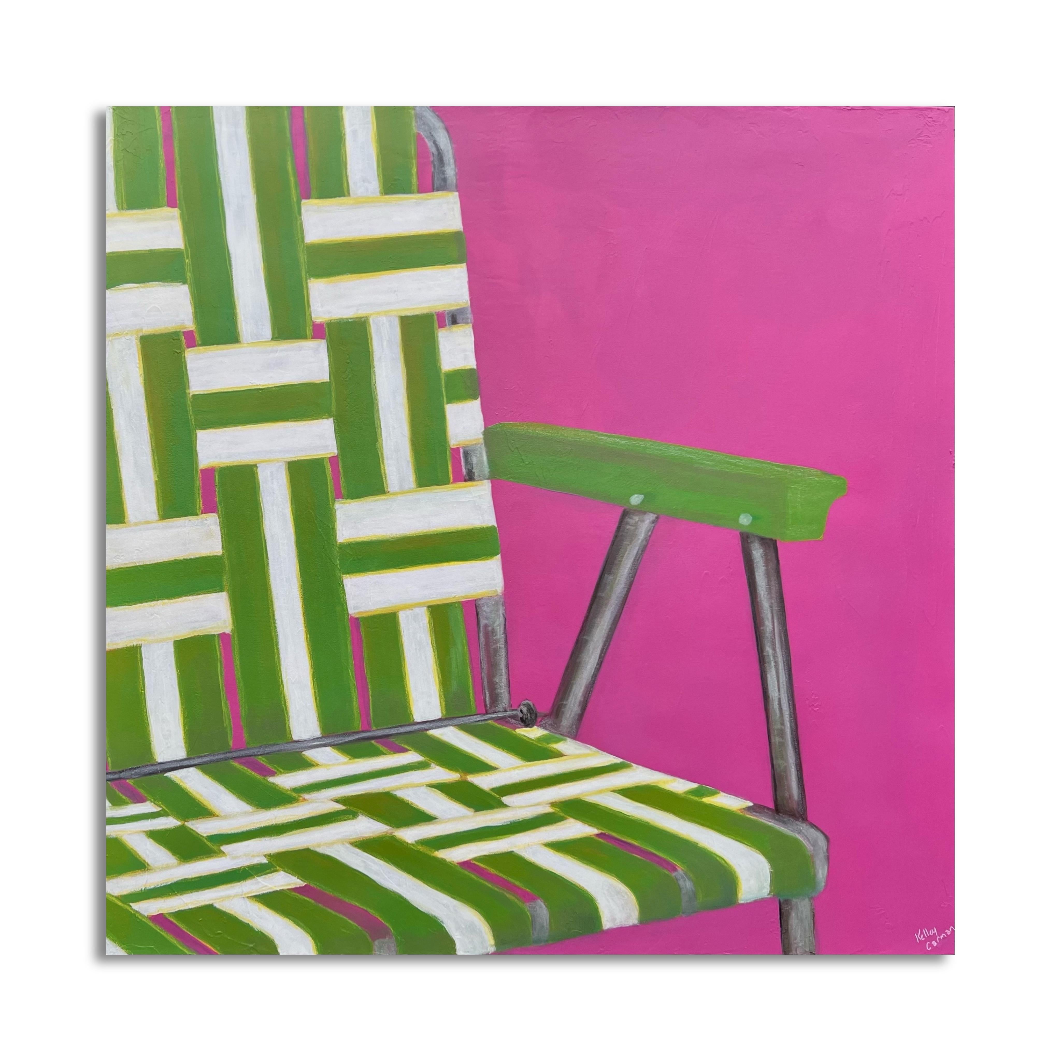 Lawn Chair Brigade (Figurative, Pattern, Mid-Century, Modern, Pink, Green) - Painting by Kelley Carman