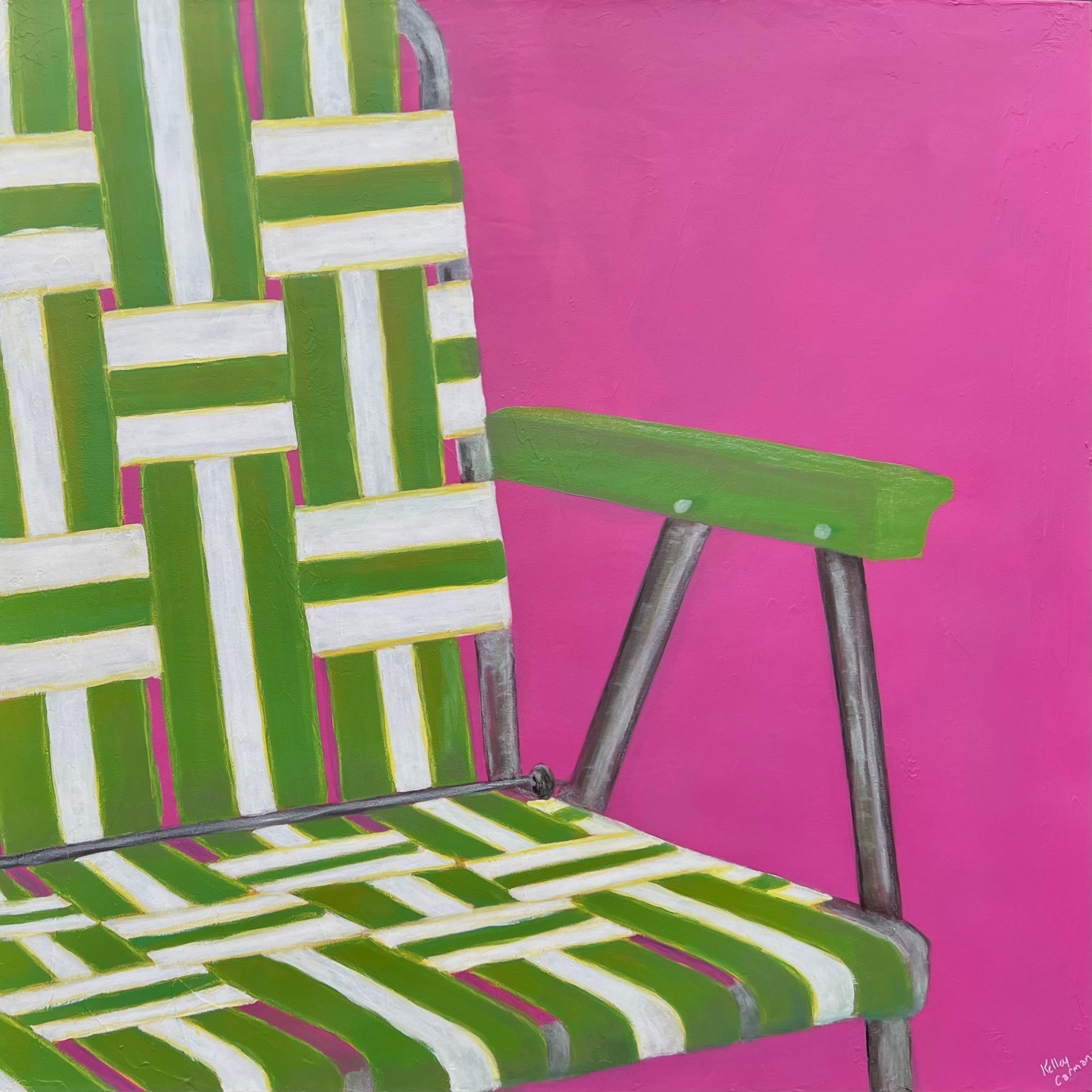Kelley Carman Figurative Painting - Lawn Chair Brigade (Figurative, Pattern, Mid-Century, Modern, Pink, Green)