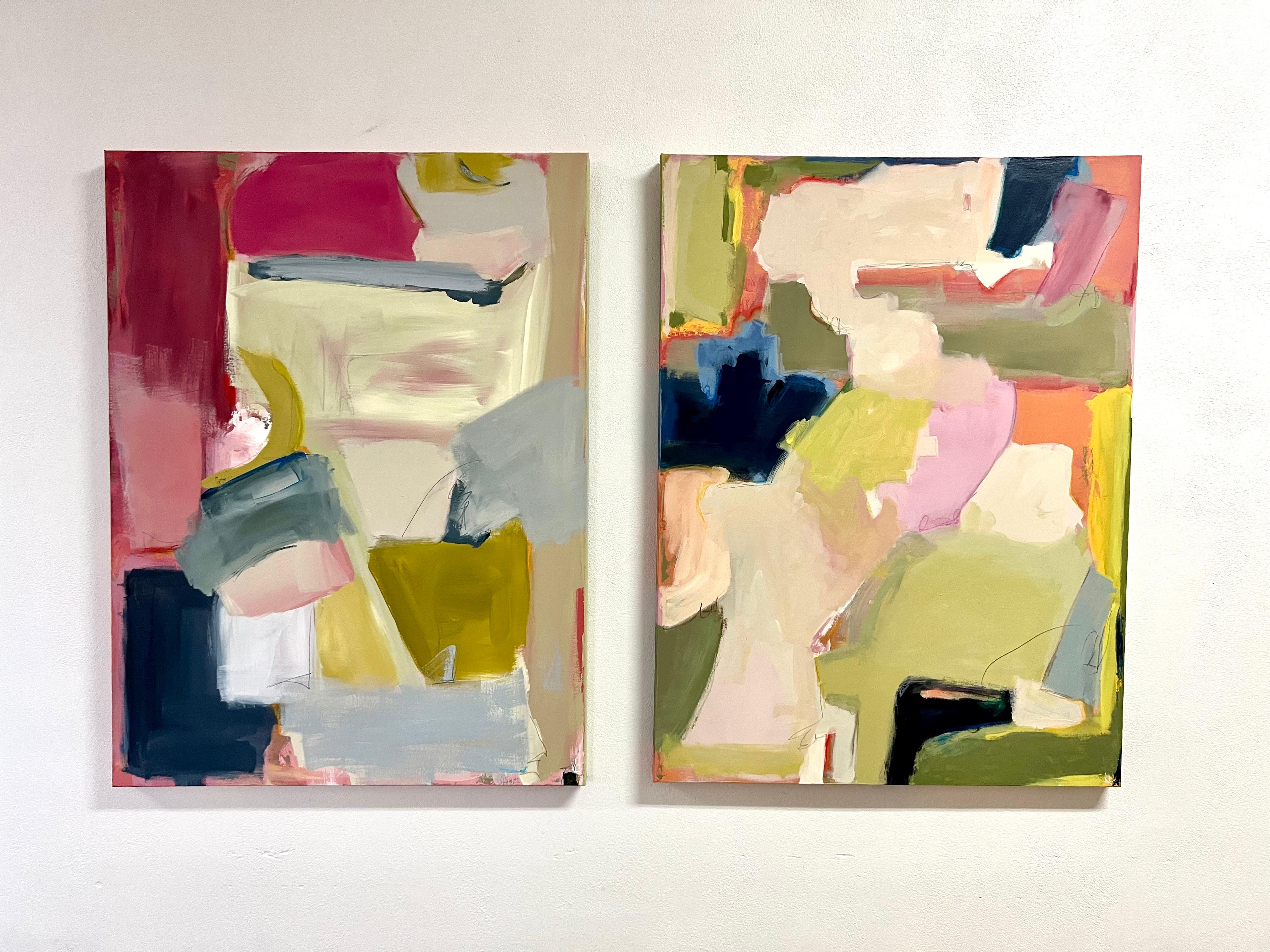 Make Up My Mind (Abstract, Gestural, Navy, Pink, Green) - Painting by Kelley Carman