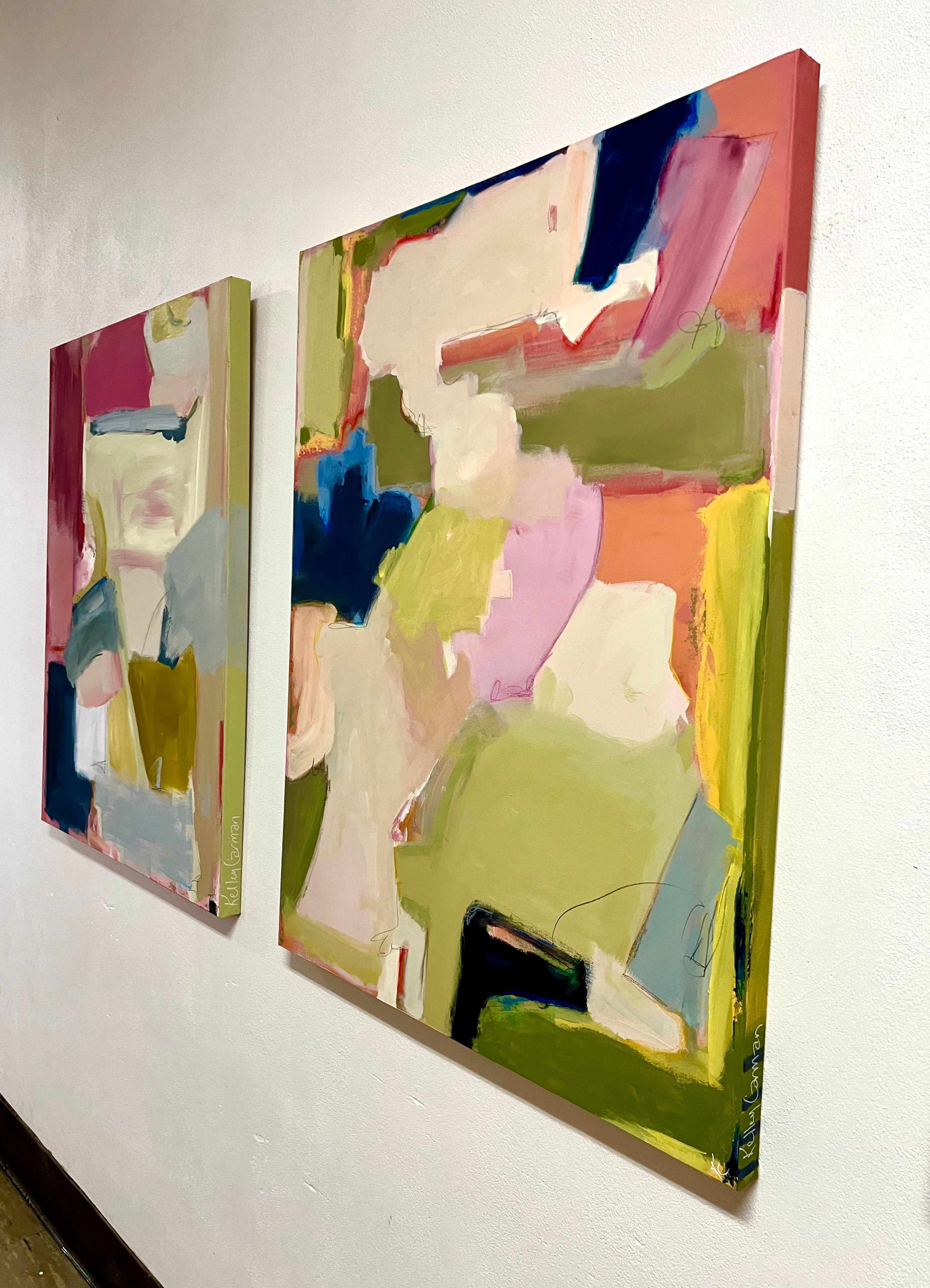 Make Up My Mind (Abstrakt, Gestal, Marineblau, Rosa, Grün) (Abstrakter Expressionismus), Painting, von Kelley Carman