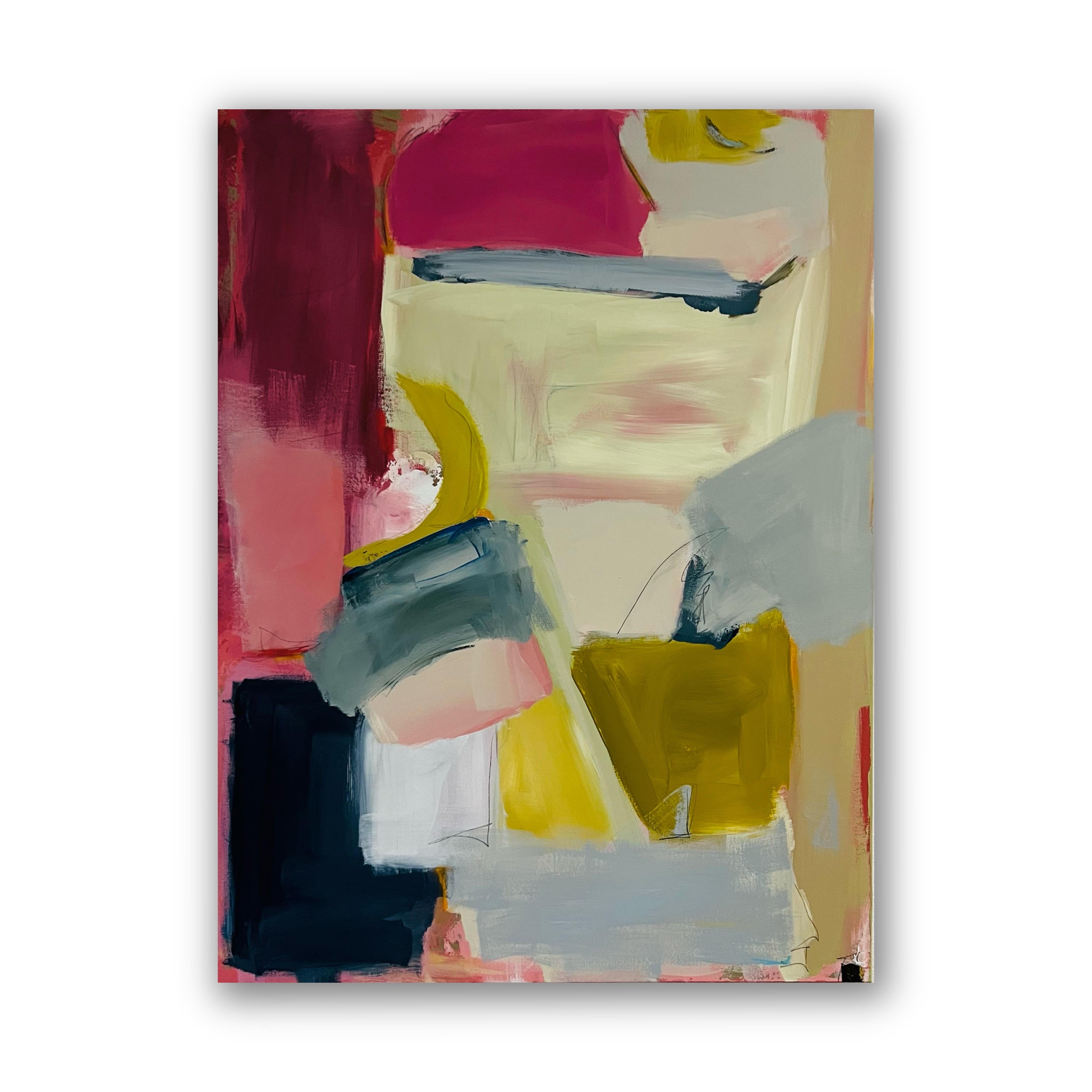 Kelley Carman Abstract Painting – Make Up My Mind (Abstrakt, Gestal, Marineblau, Rosa, Grün)