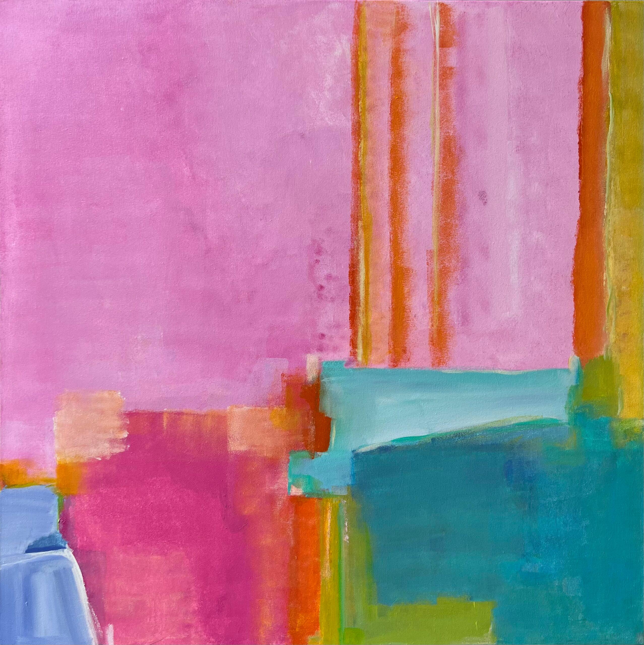 Pretty in Pink (Gestural Abstract, Pink, Orange, Yellow, Turquoise, Vibrant) - Painting by Kelley Carman