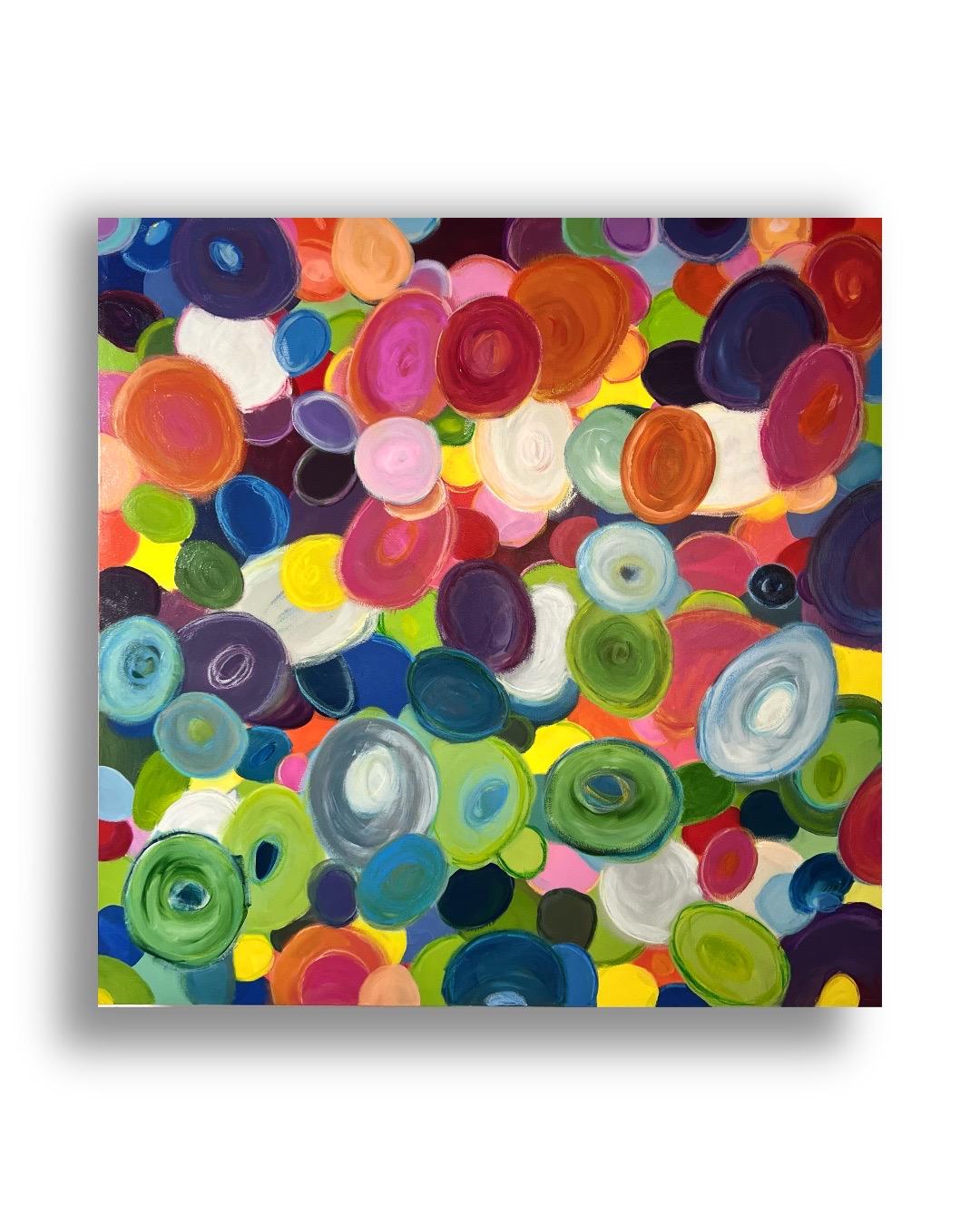 Running in Circles (Abstract, Pattern, Red, Green, Blue, Orange, Yellow) - Painting by Kelley Carman