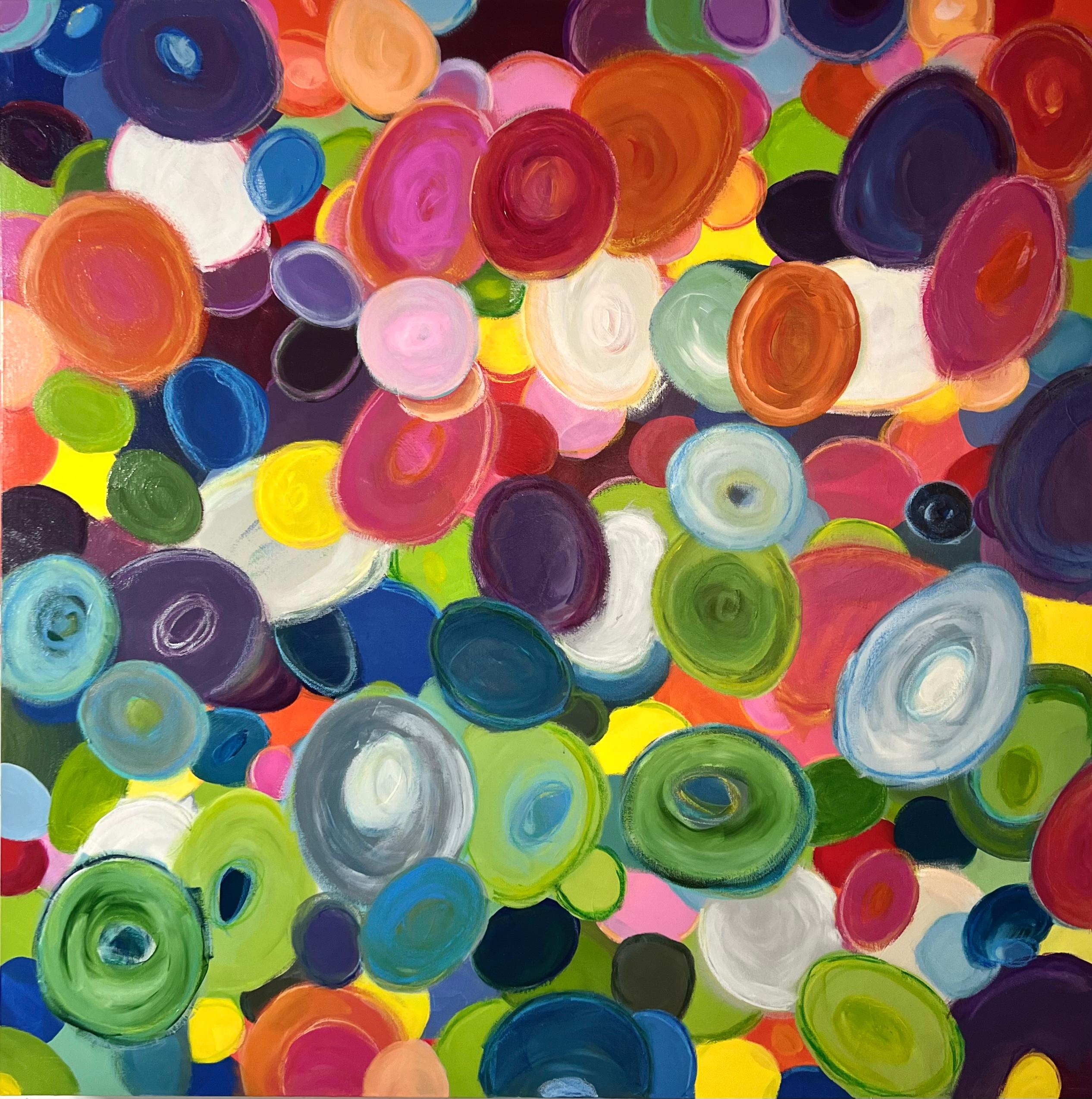 Kelley Carman Abstract Painting – Running in Circles (Abstrakt, Muster, Rot, Grün, Blau, Orange, Gelb)