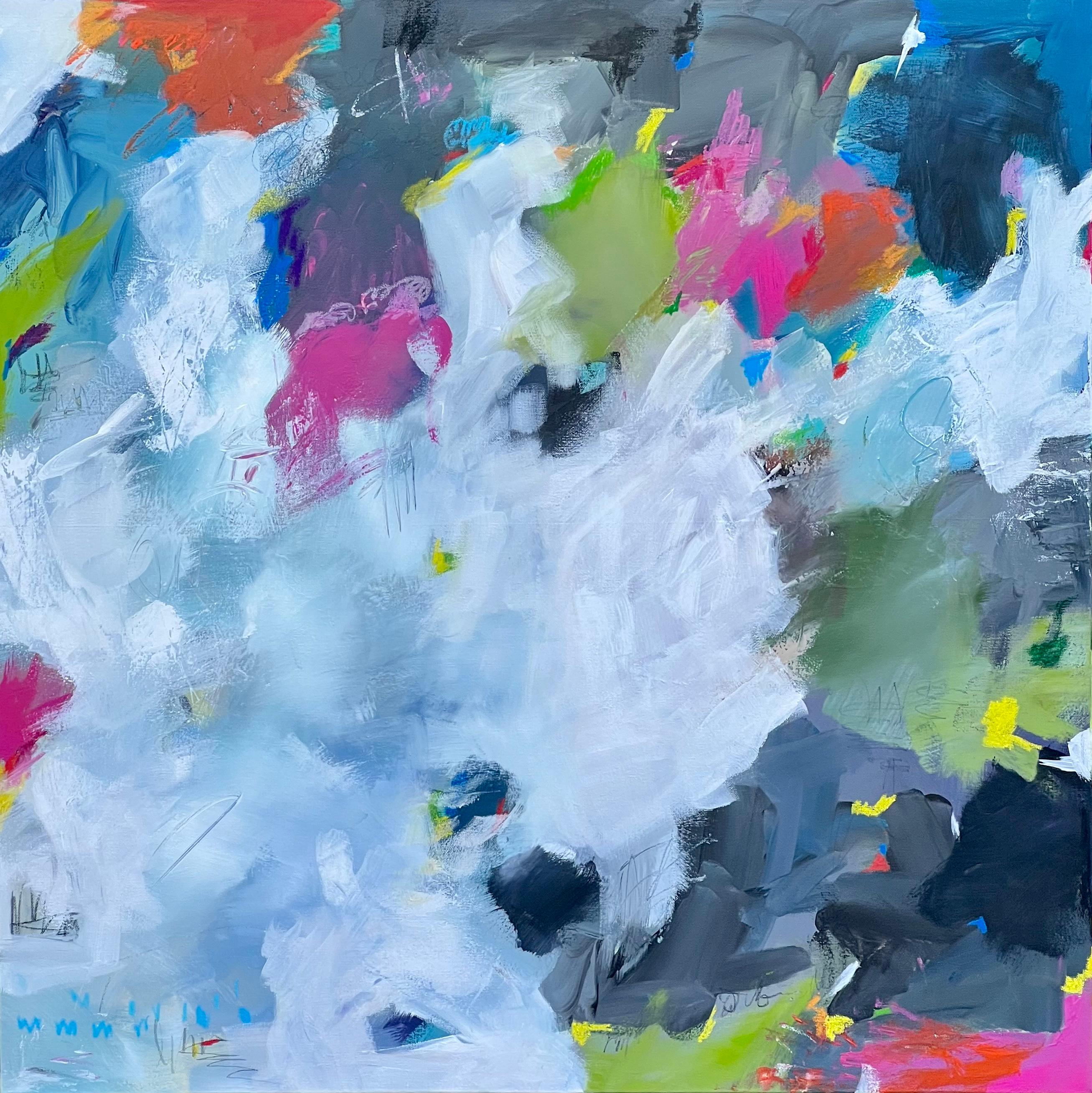 Snatches of Light (Gestural Abstract, Colorful, Navy, Blue, Pink, Green) - Painting by Kelley Carman