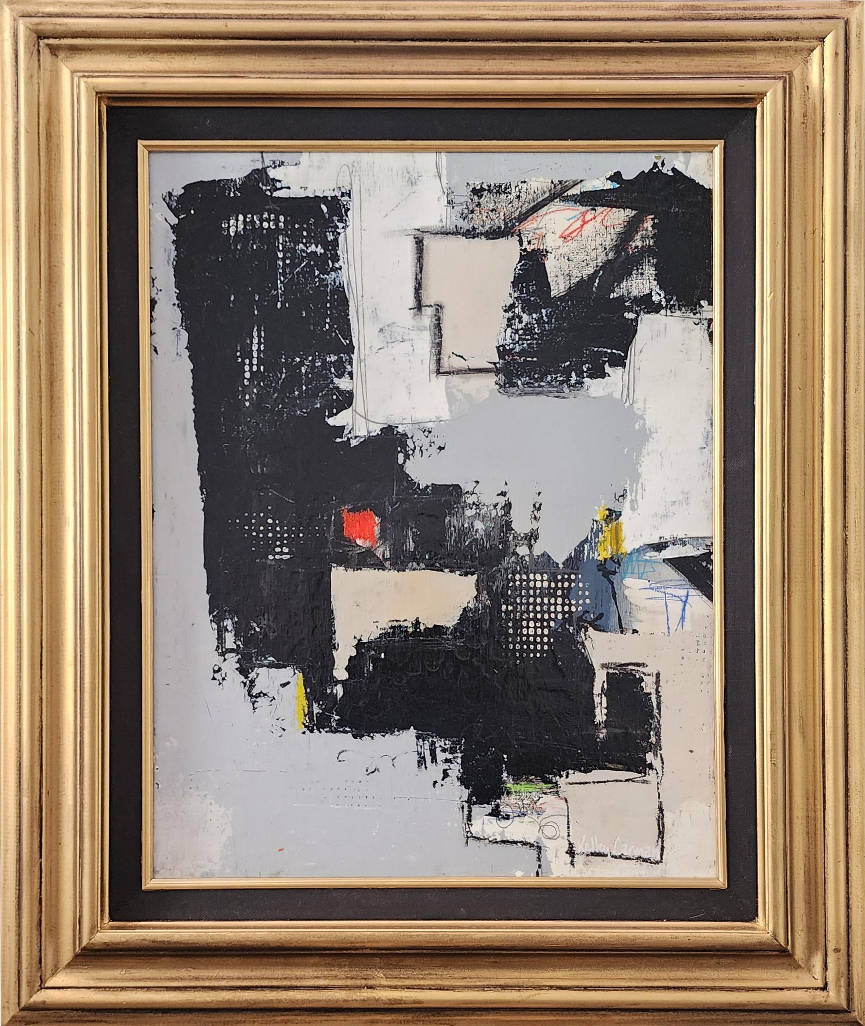 Stacked Time (Gestural Abstract, Dark, Gray, Black, ~32% OFF LIST PRICE) - Painting by Kelley Carman