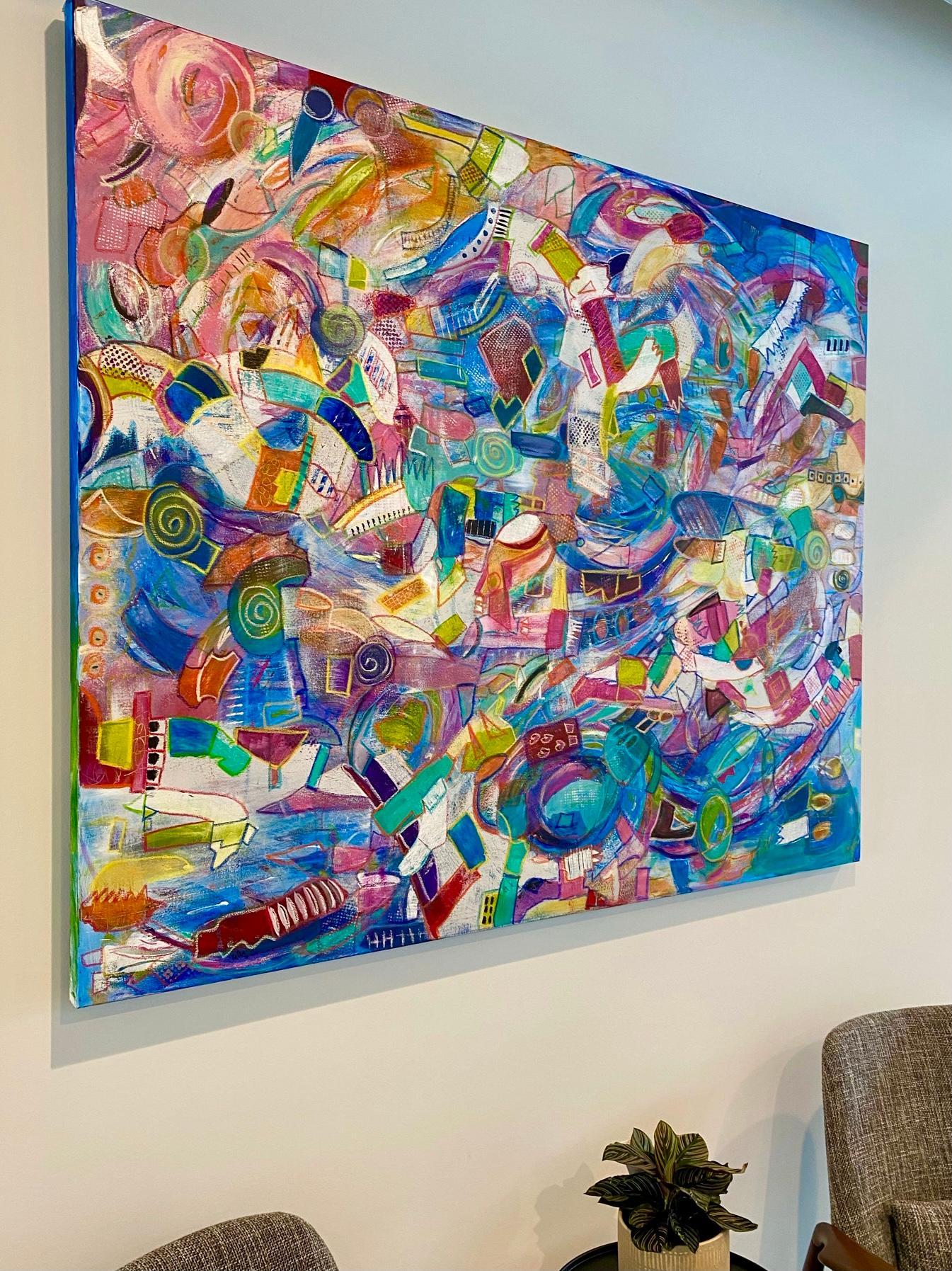Vortex (Abstract, Gestural, Pink, Blue, Green, White, Red, Yellow, Orange) - Painting by Kelley Carman