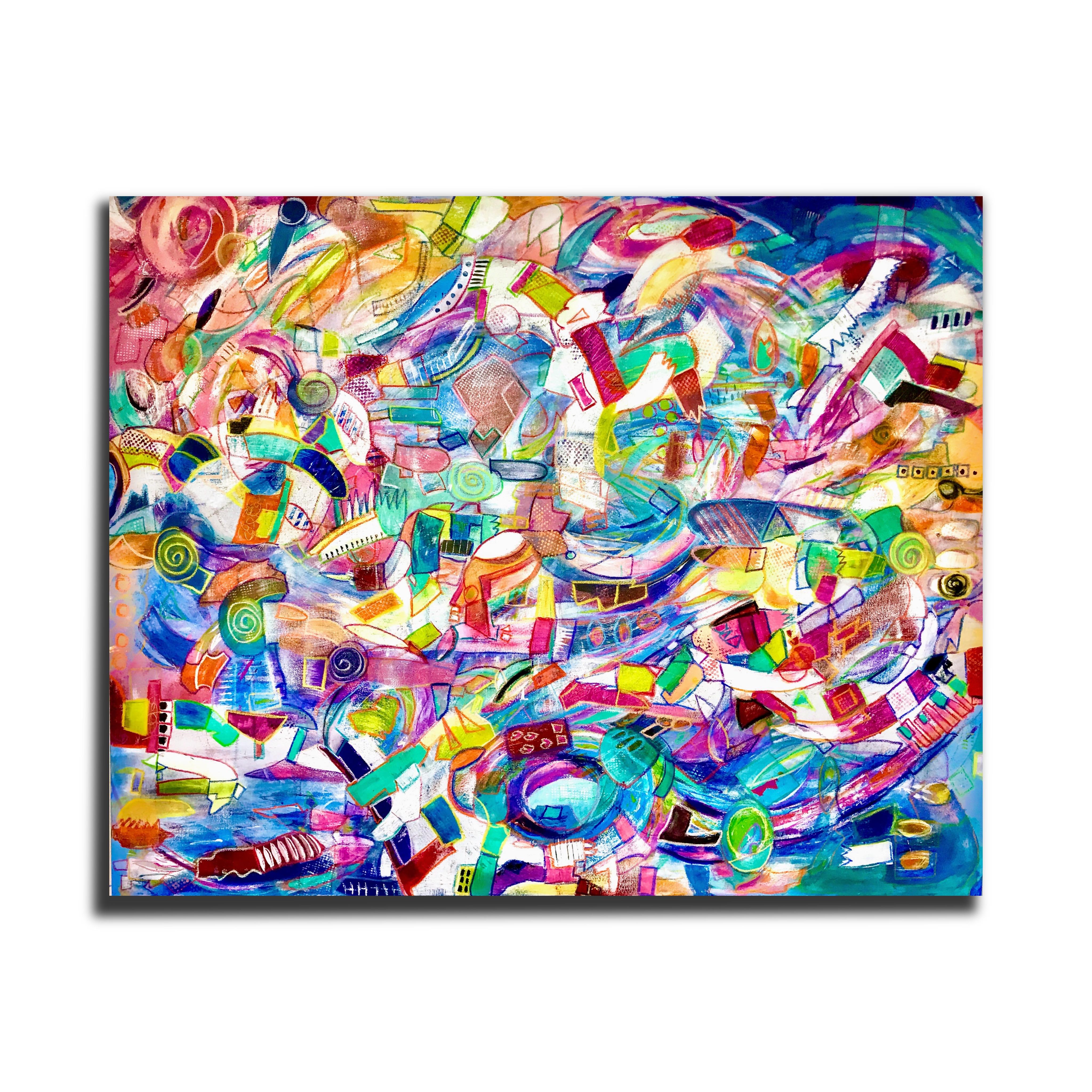 Kelley Carman Abstract Painting - Vortex (Abstract, Gestural, Pink, Blue, Green, White, Red, Yellow, Orange)
