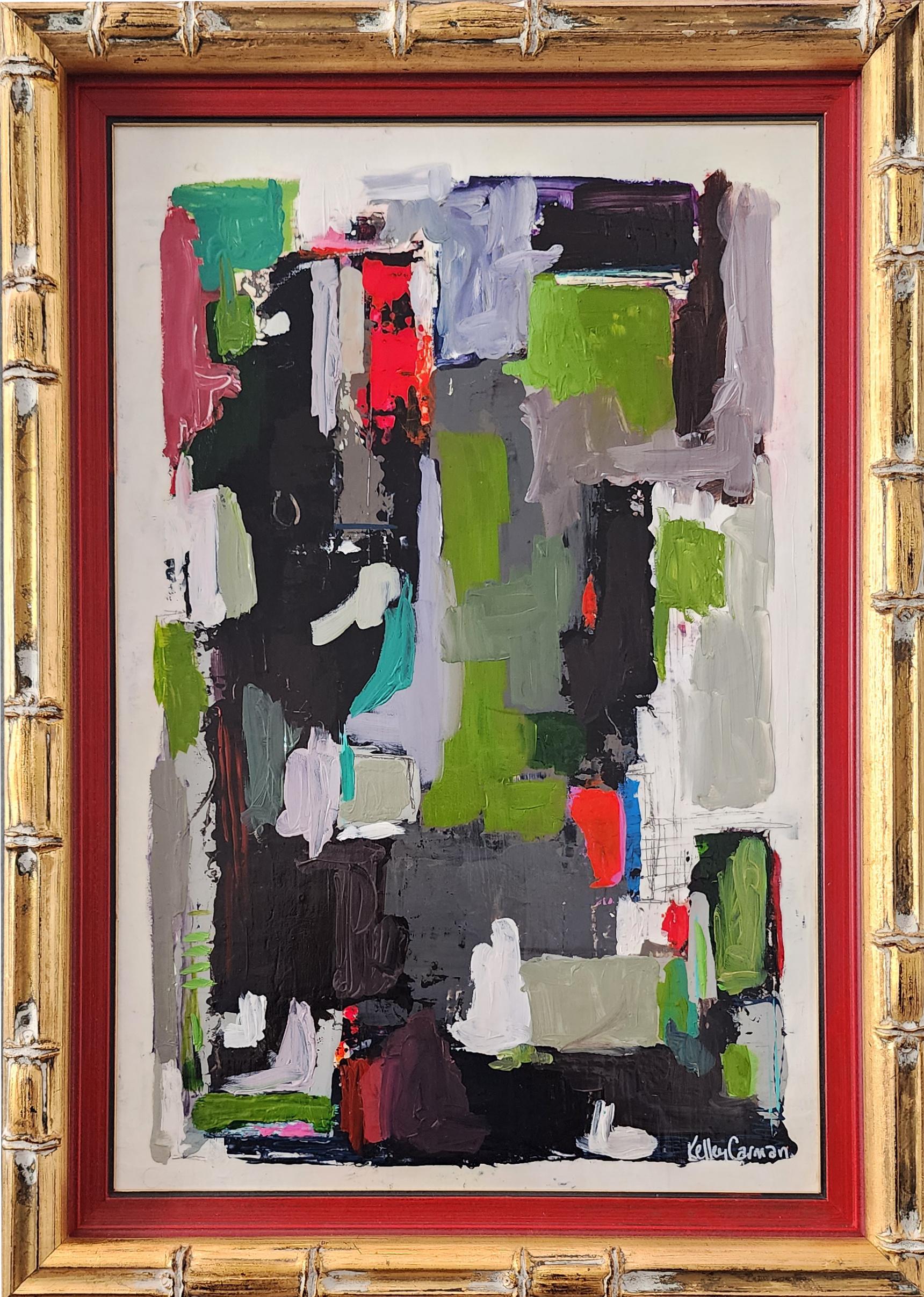 Wait On Me (Gestural Abstract, Black, Green, Red, Gray, ~22% OFF LIST PRICE) - Painting by Kelley Carman