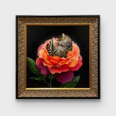 Piccolo dipinto surrealista colorato, "Fusa e petali" 2023
