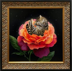 Small Colorful Surrealist Painting, "Purrs and Petals" 2023