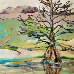 Cypress by Kelli Kaufman Framed Oil and Wax Landscape Tree Painting with Green