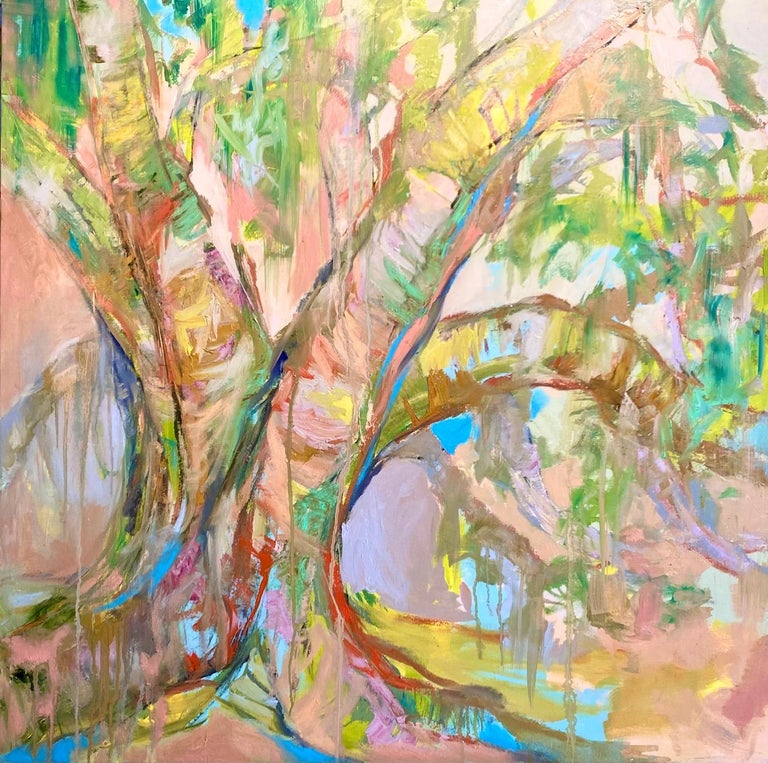 'Live Oak Parade' is a large framed oil and wax on canvas abstracted landscape created by American artist Kelli Kaufman in 2021. Featuring a palette mostly made of warm tonalities, this square format piece depicts a oak tree on the Gulf Coast.