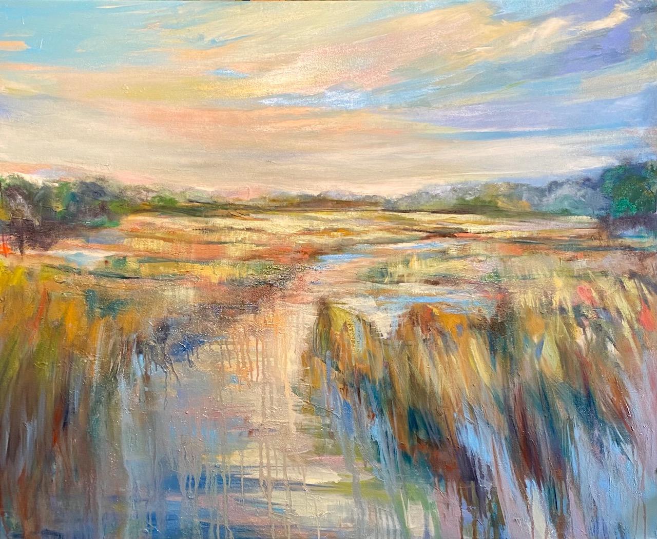 'Slipping Away' is a large framed oil and wax on canvas abstracted landscape created by American artist Kelli Kaufman in 2021. Featuring a palette mostly made of warm tonalities, this horizontal format piece depicts a marsh on the Gulf Coast. The