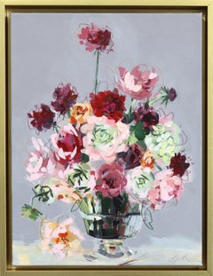 Air of Romance - Gerahmtes Buntes Blumenstillleben Gemischtes Medienkunstwerk auf Leinwand