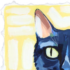 Alley Cat-  Figurative Blue Cat Painting on Paper