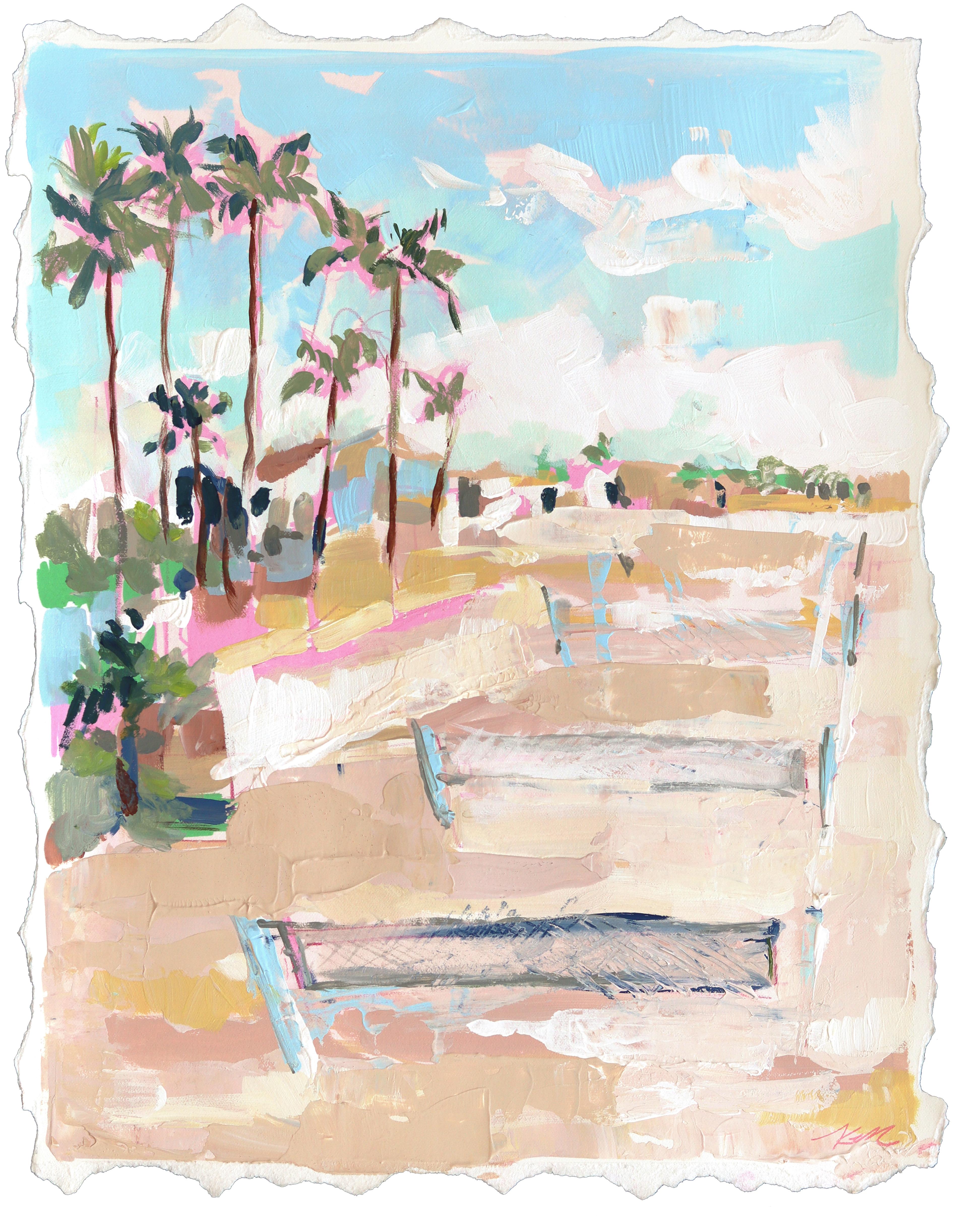 Kellie Newsome Landscape Painting - Beach Courts - Abstract Pastel Tone Landscape Mixed Media Painting on Paper