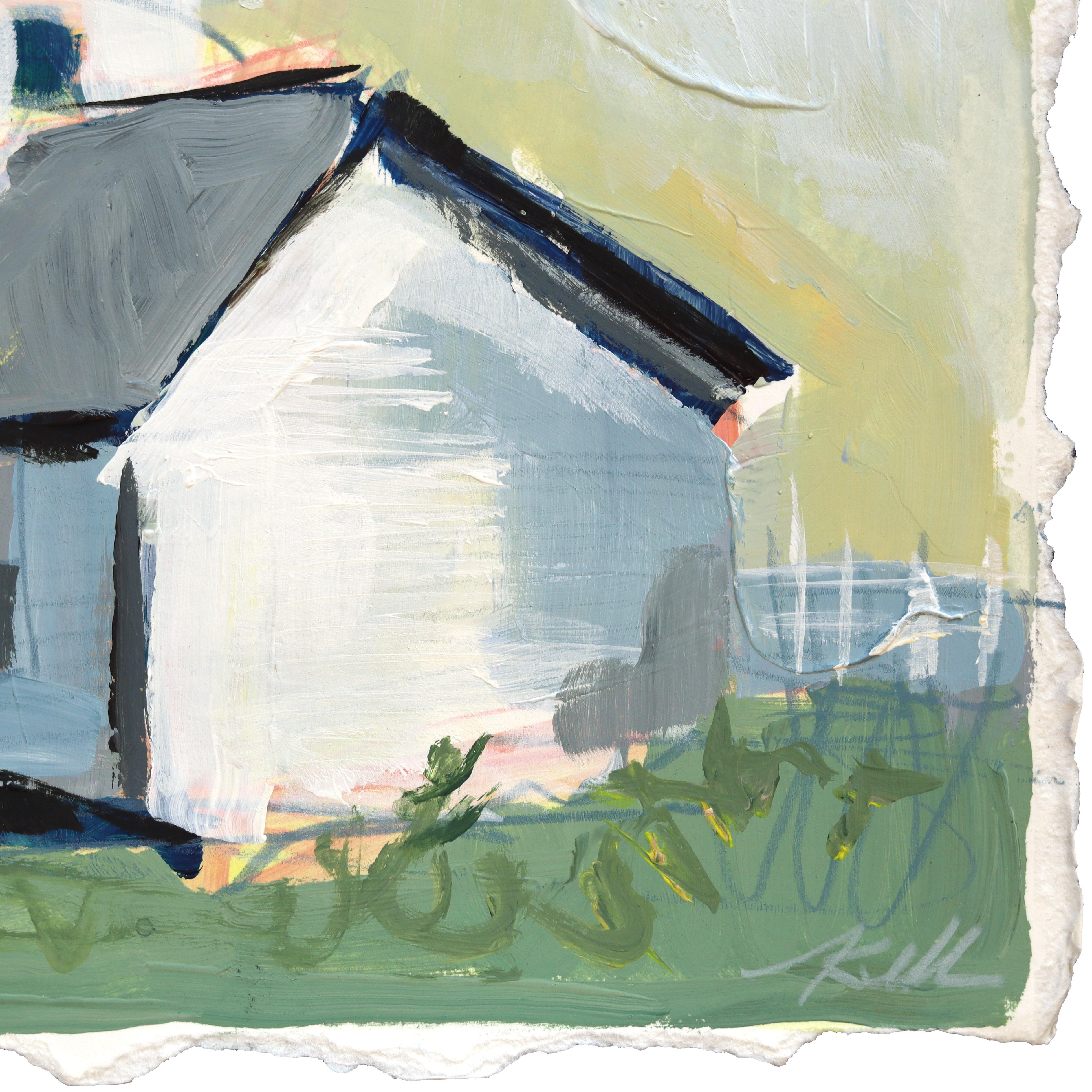 Boston Light - Original-Leuchtturm-Stillleben Gemischte Medien Malerei auf Papier (Blau), Landscape Painting, von Kellie Newsome