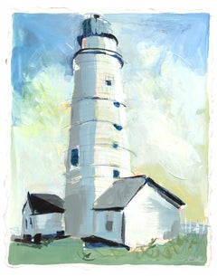 Boston Light - Natura morta originale di un faro, pittura mista su carta