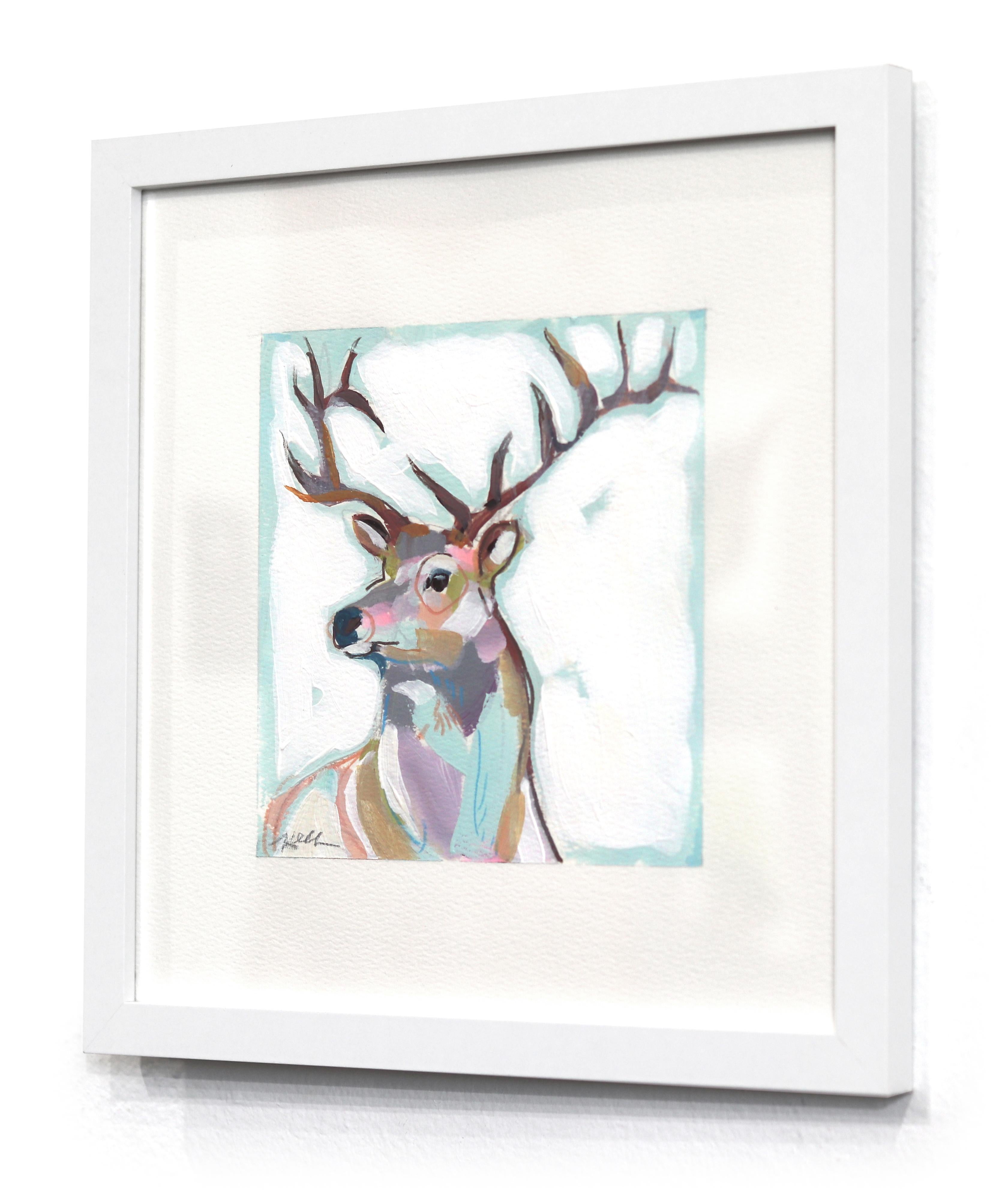 Buck Yeah - Pintura abstracta de ciervo sobre papel con marco blanco en venta 1