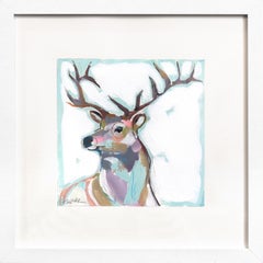Buck Yeah - Peinture abstraite de cerf sur papier avec cadre blanc