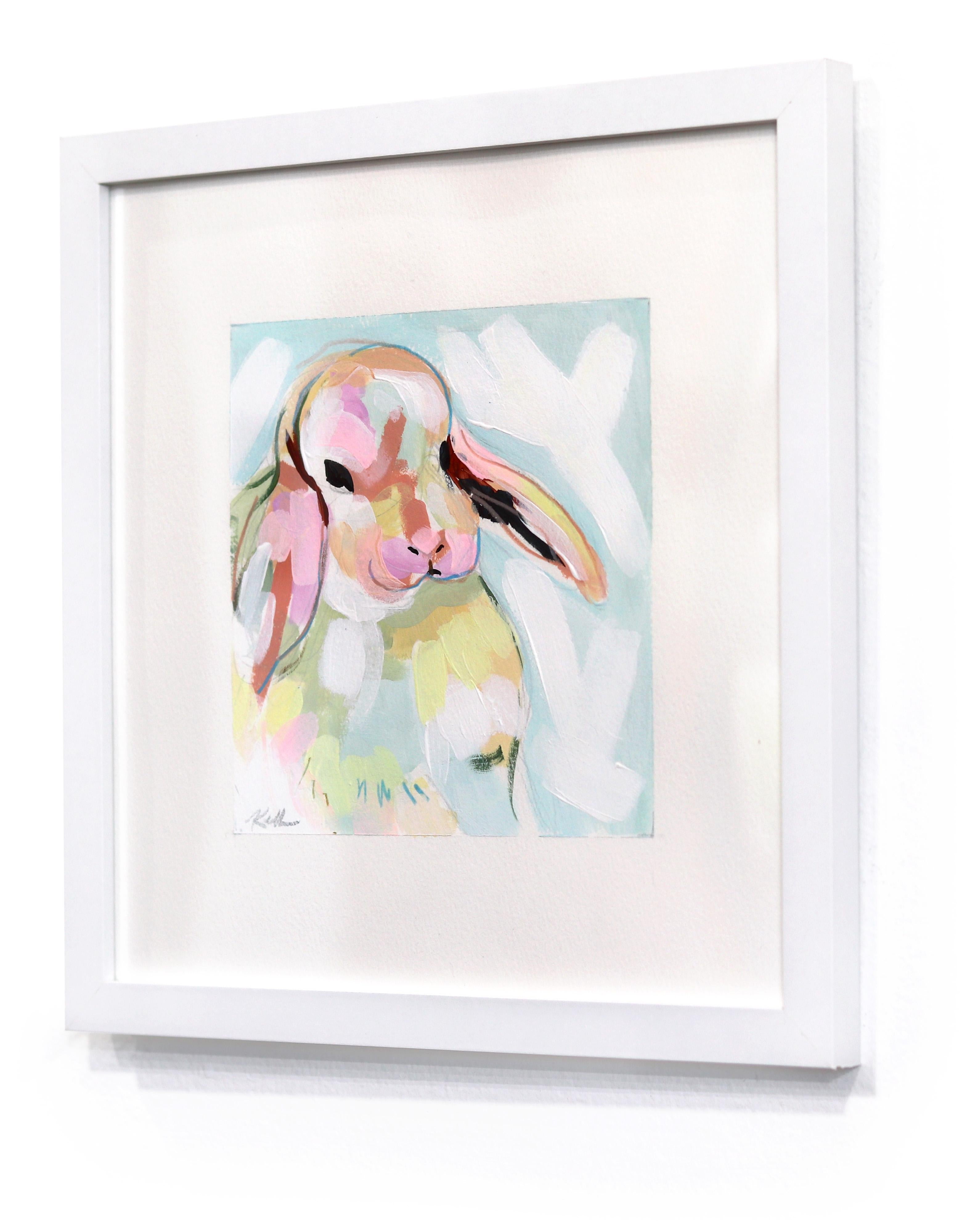 Bunny Hop Hop - Pintura abstracta de animales sobre papel con marco blanco en venta 1