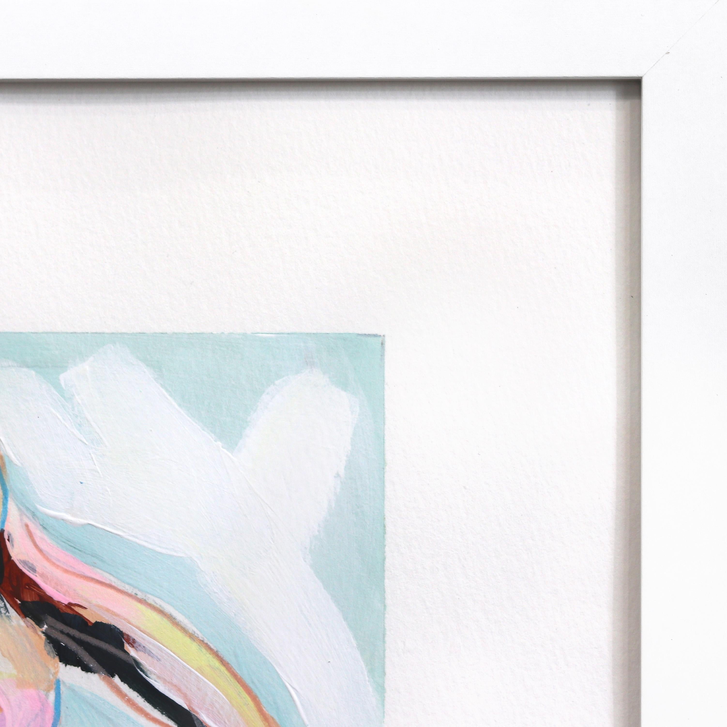 Bunny Hop Hop - Pintura abstracta de animales sobre papel con marco blanco en venta 2