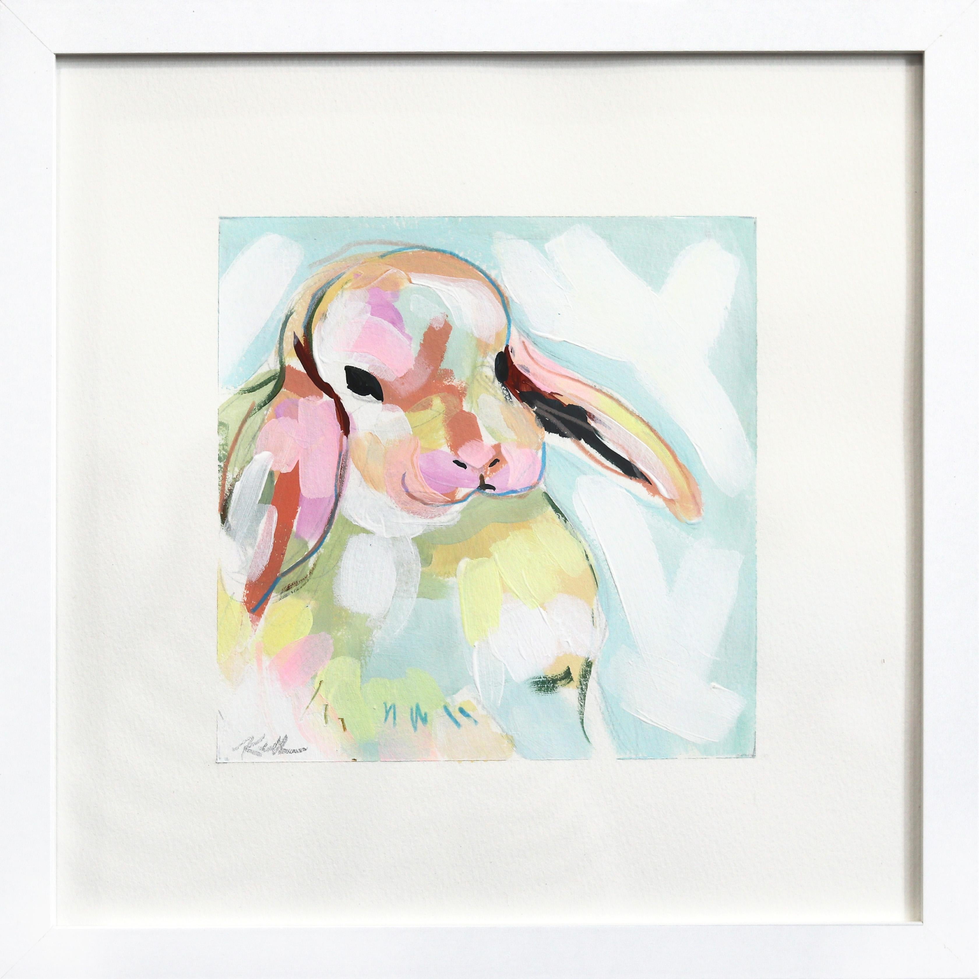 Bunny Hop Hop - Pintura abstracta de animales sobre papel con marco blanco