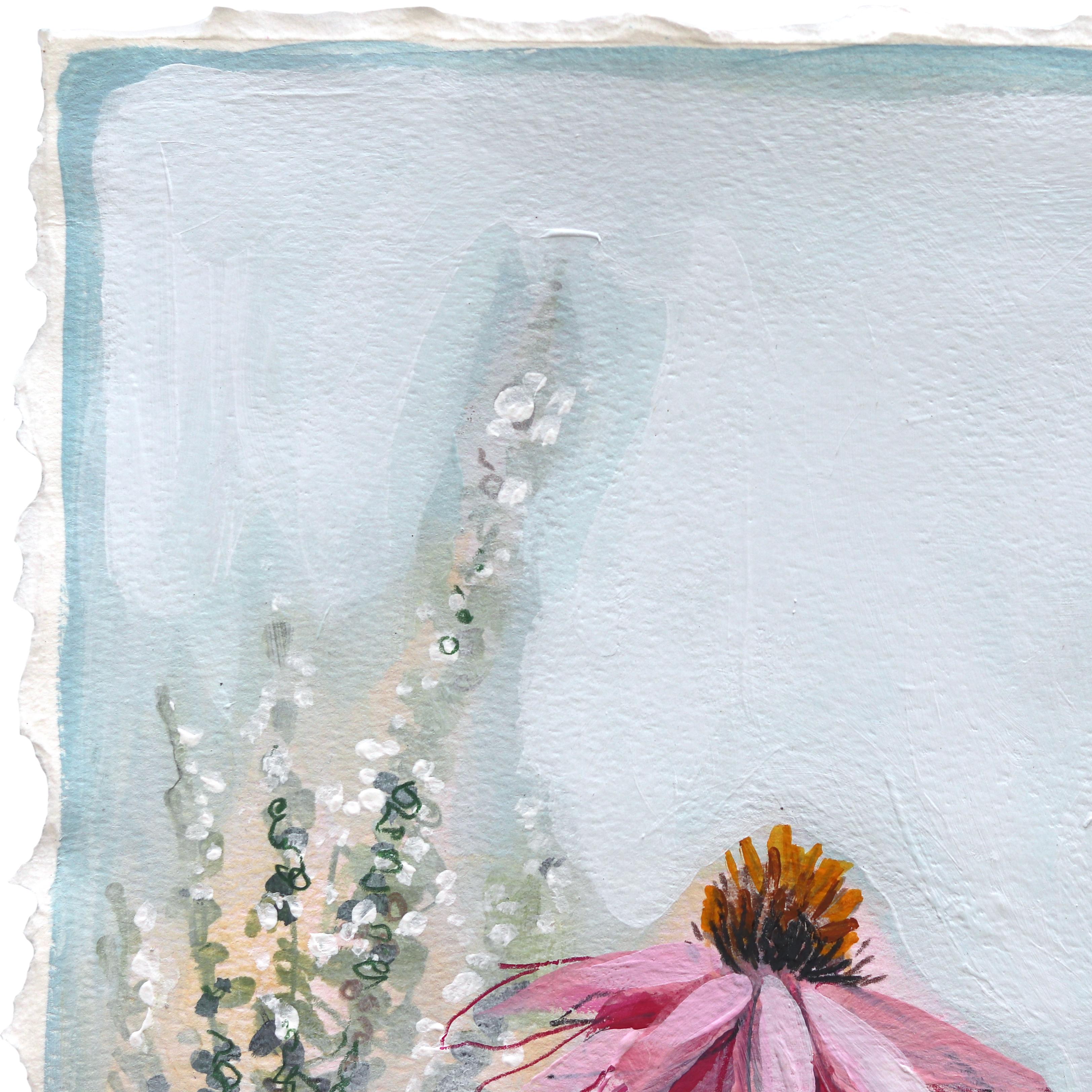 Dancing Daisies - Nature morte florale abstraite sur papier - Gris Landscape Painting par Kellie Newsome