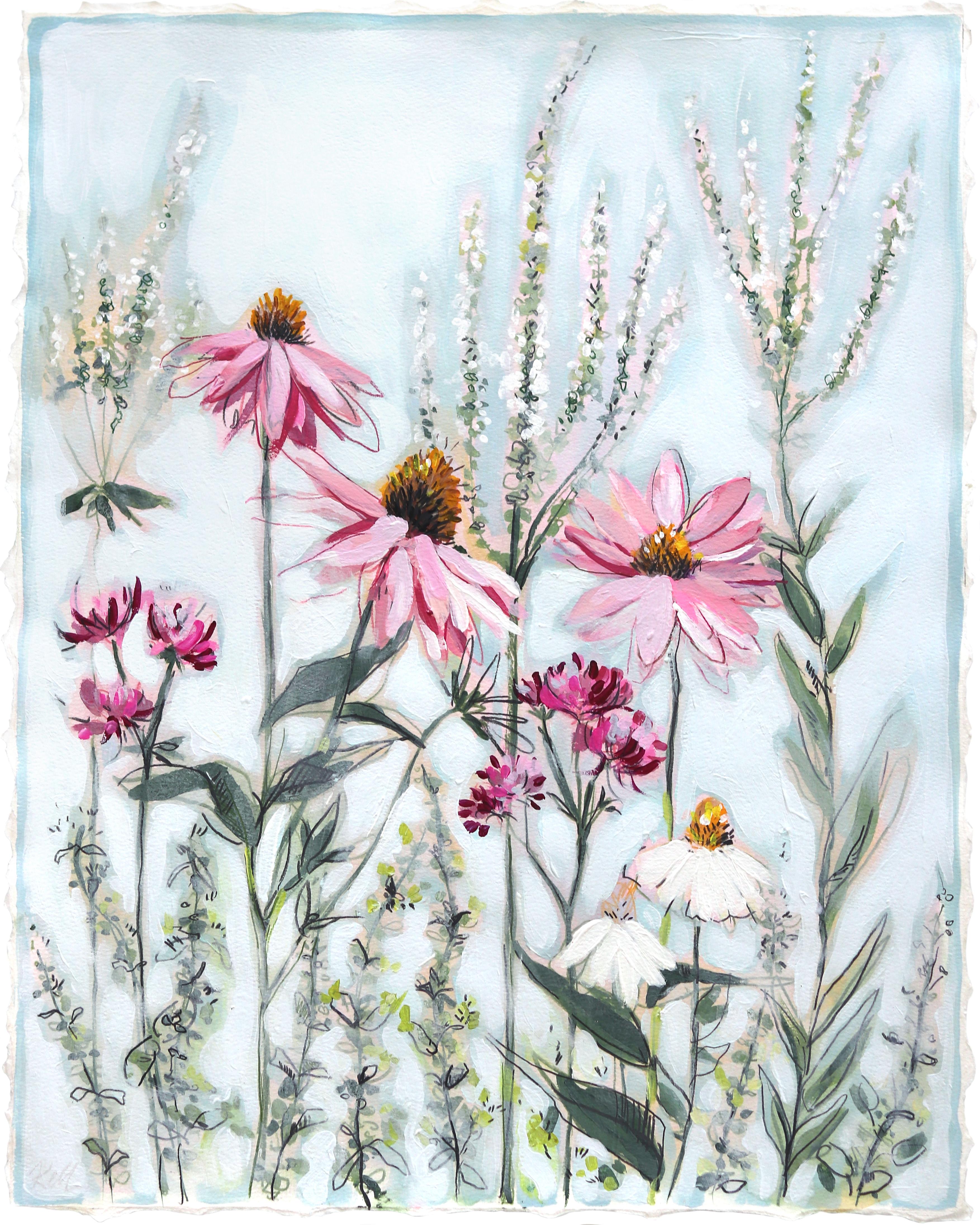 Landscape Painting Kellie Newsome - Dancing Daisies - Nature morte florale abstraite sur papier