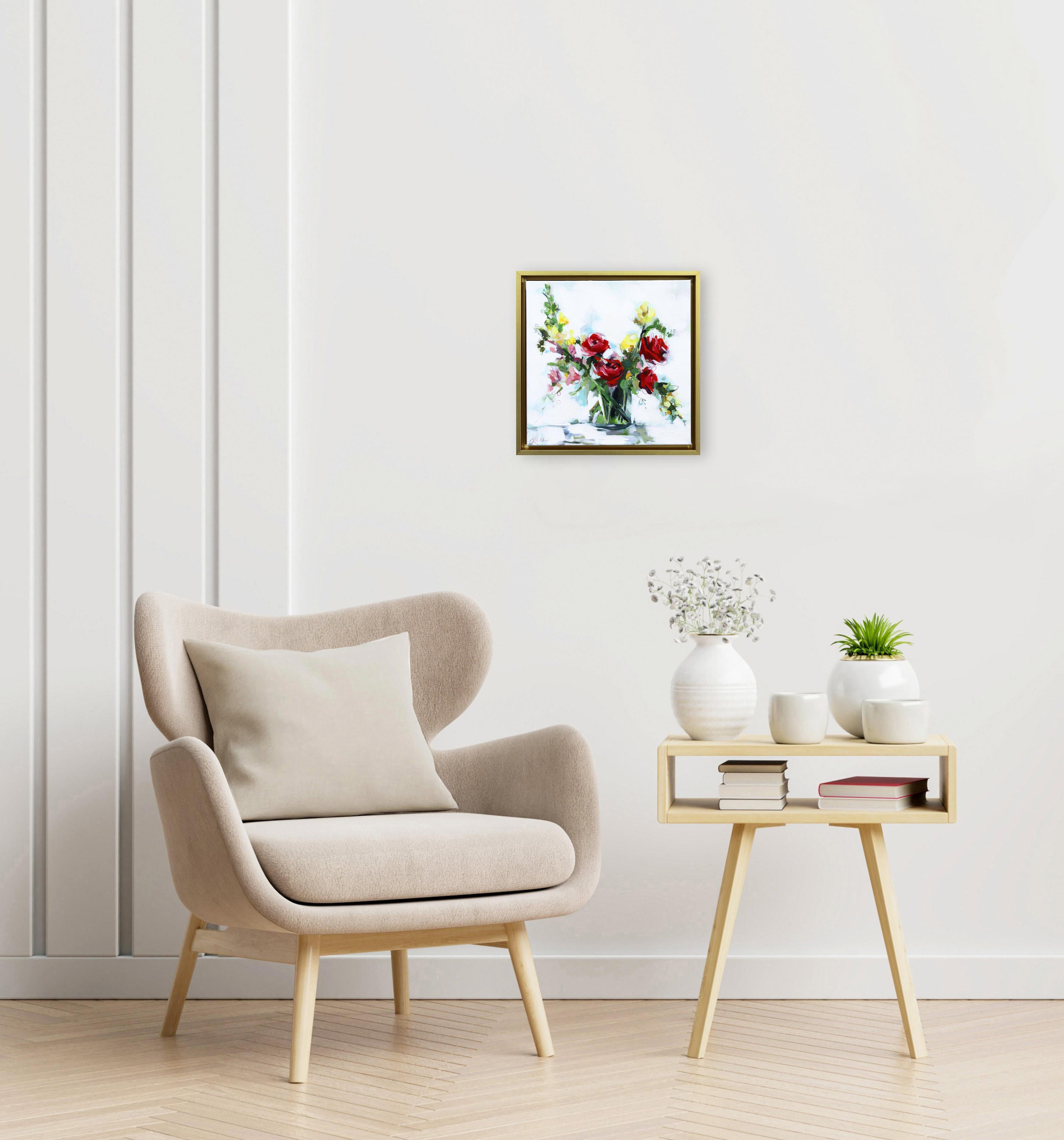 Rose delicate  - Quadro originale incorniciato di natura morta astratta floreale su tela - Painting di Kellie Newsome