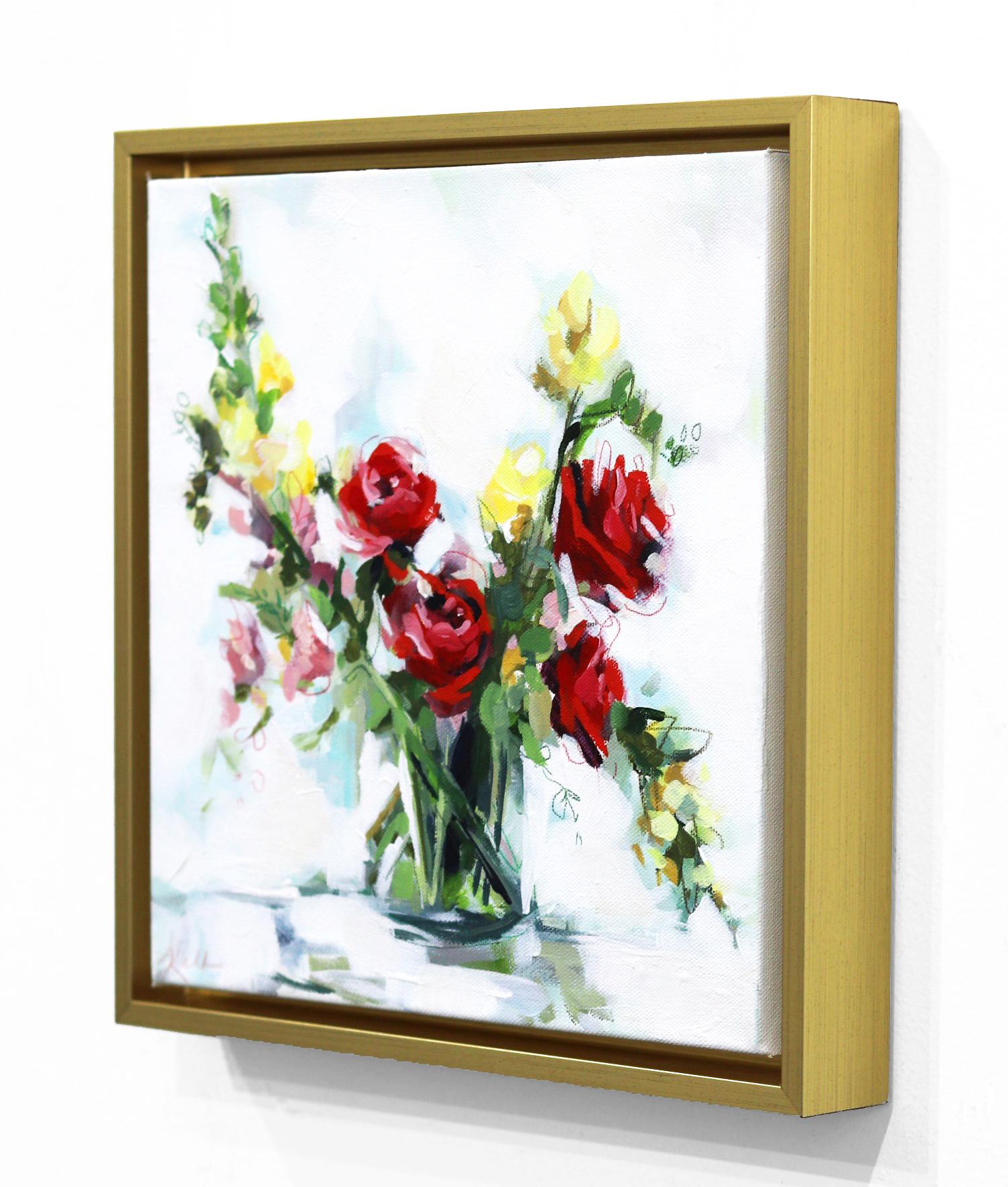 Rose delicate  - Quadro originale incorniciato di natura morta astratta floreale su tela - Still-Life Painting Grigio di Kellie Newsome