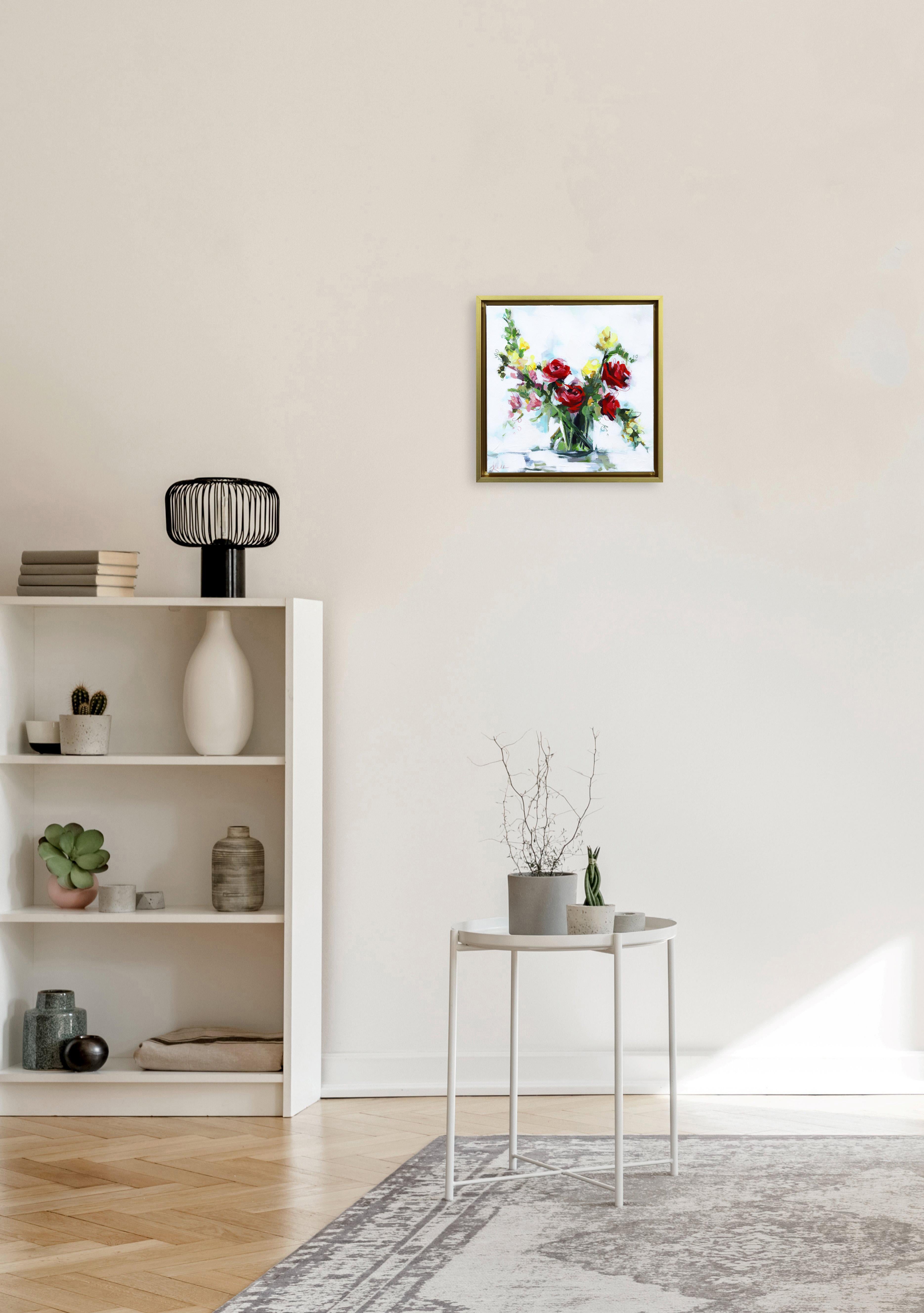 Rose delicate  - Quadro originale incorniciato di natura morta astratta floreale su tela in vendita 1
